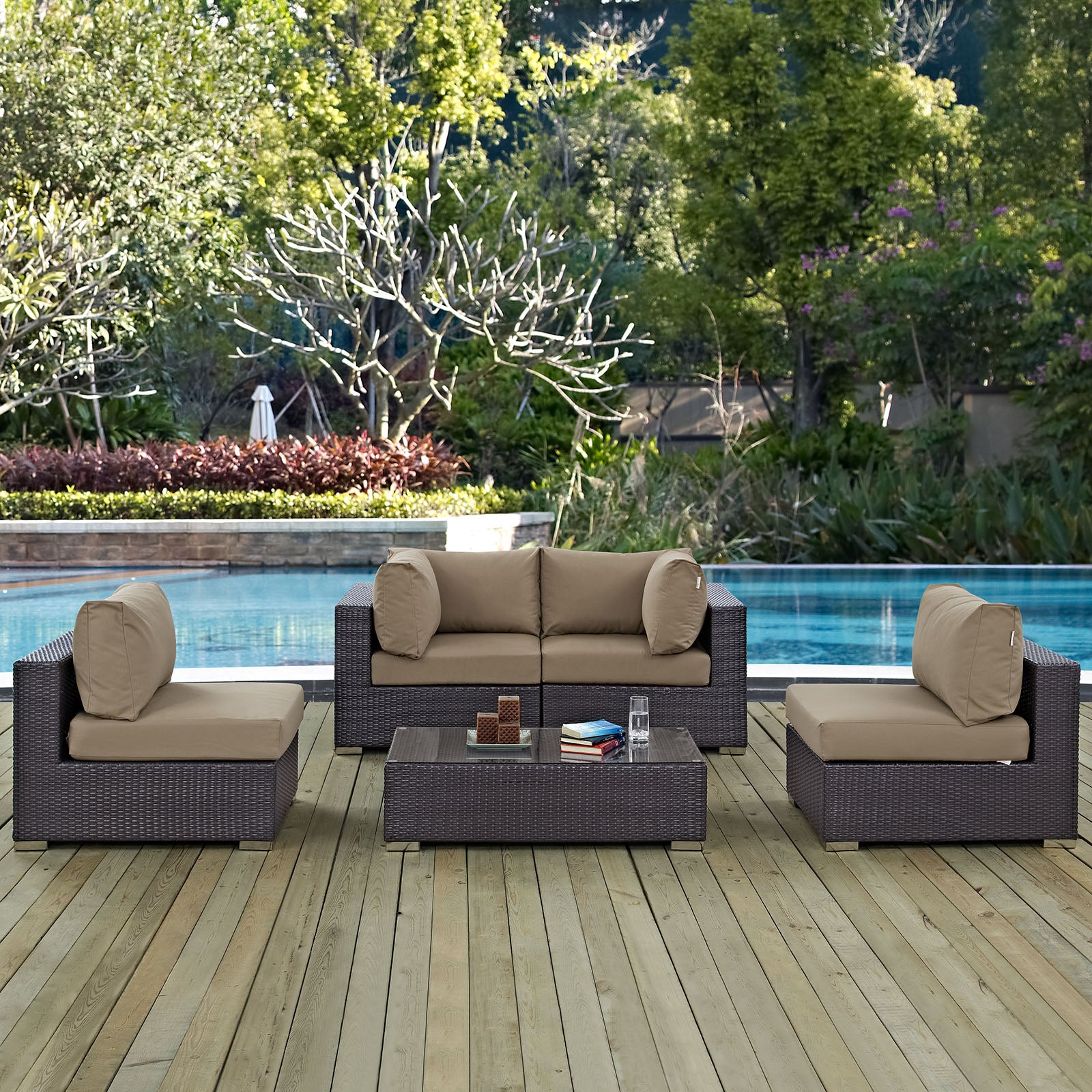 Modway Outdoor Conversation Sets - Convene 5 Piece Outdoor 134" Sectional Set Espresso Mocha