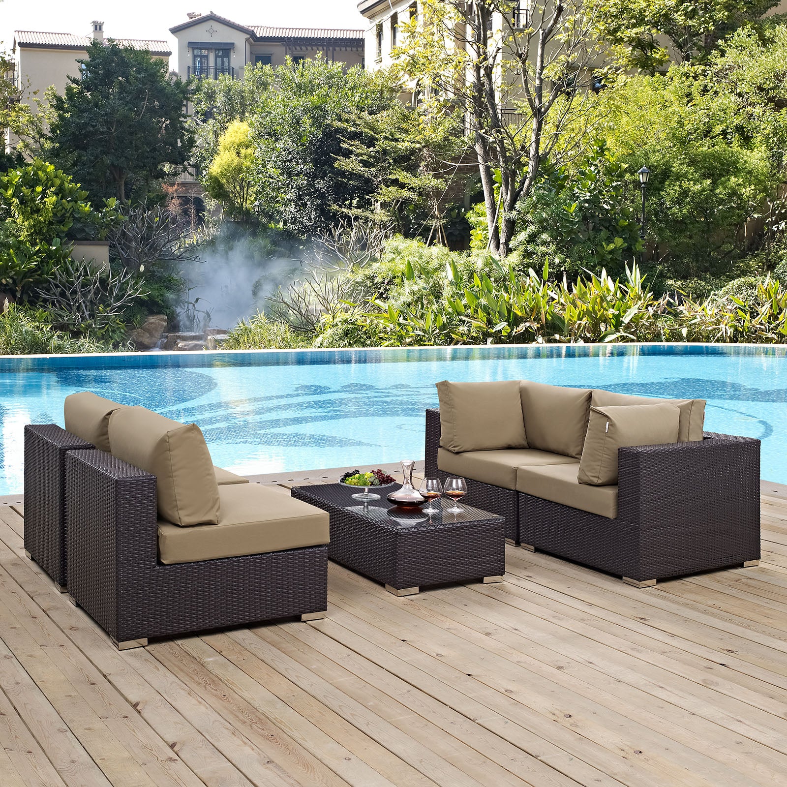Modway Outdoor Conversation Sets - Convene 5 Piece Outdoor 134" Sectional Set Espresso Mocha