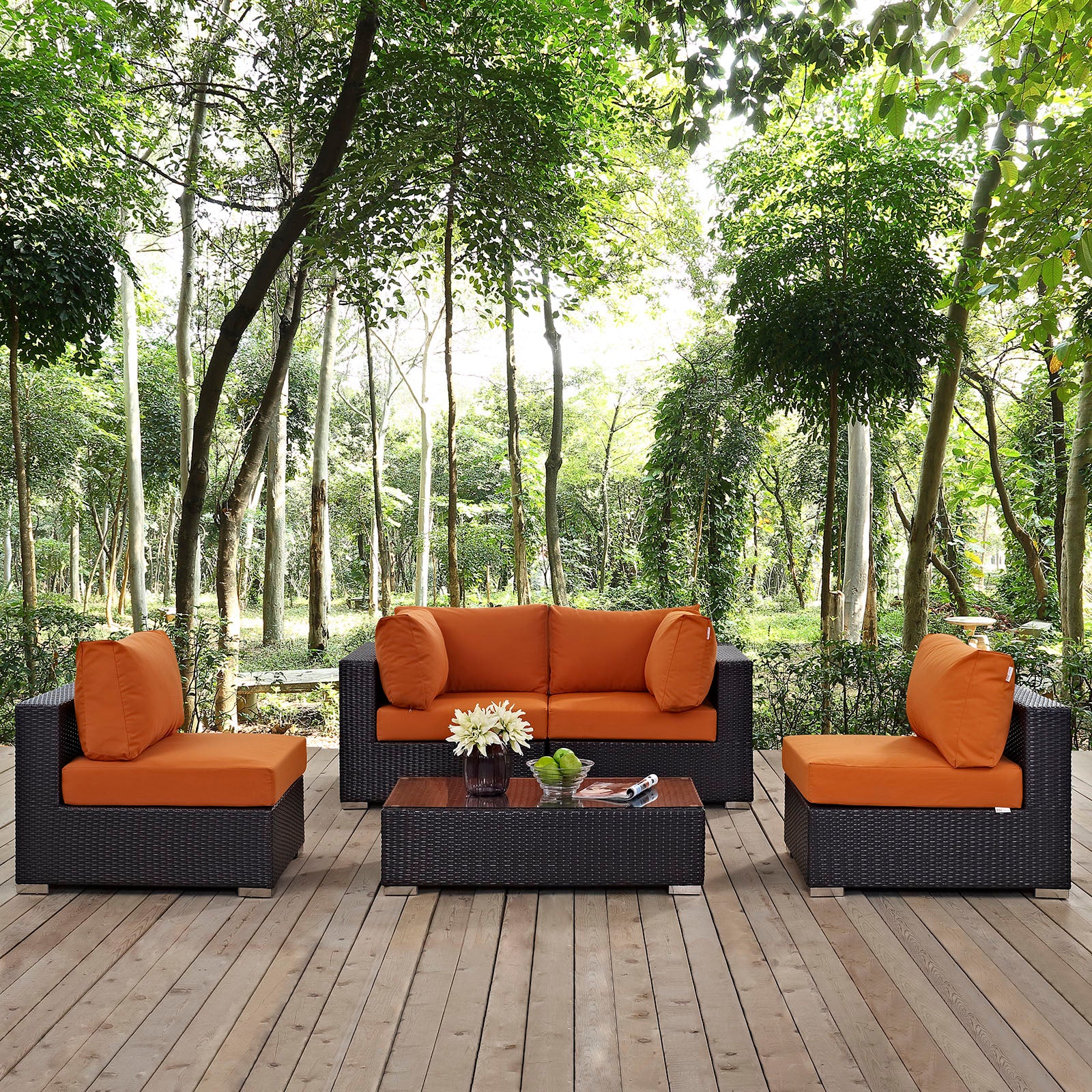 Modway Outdoor Conversation Sets - Convene 5 Piece Outdoor 134" Sectional Set Espresso & Orange