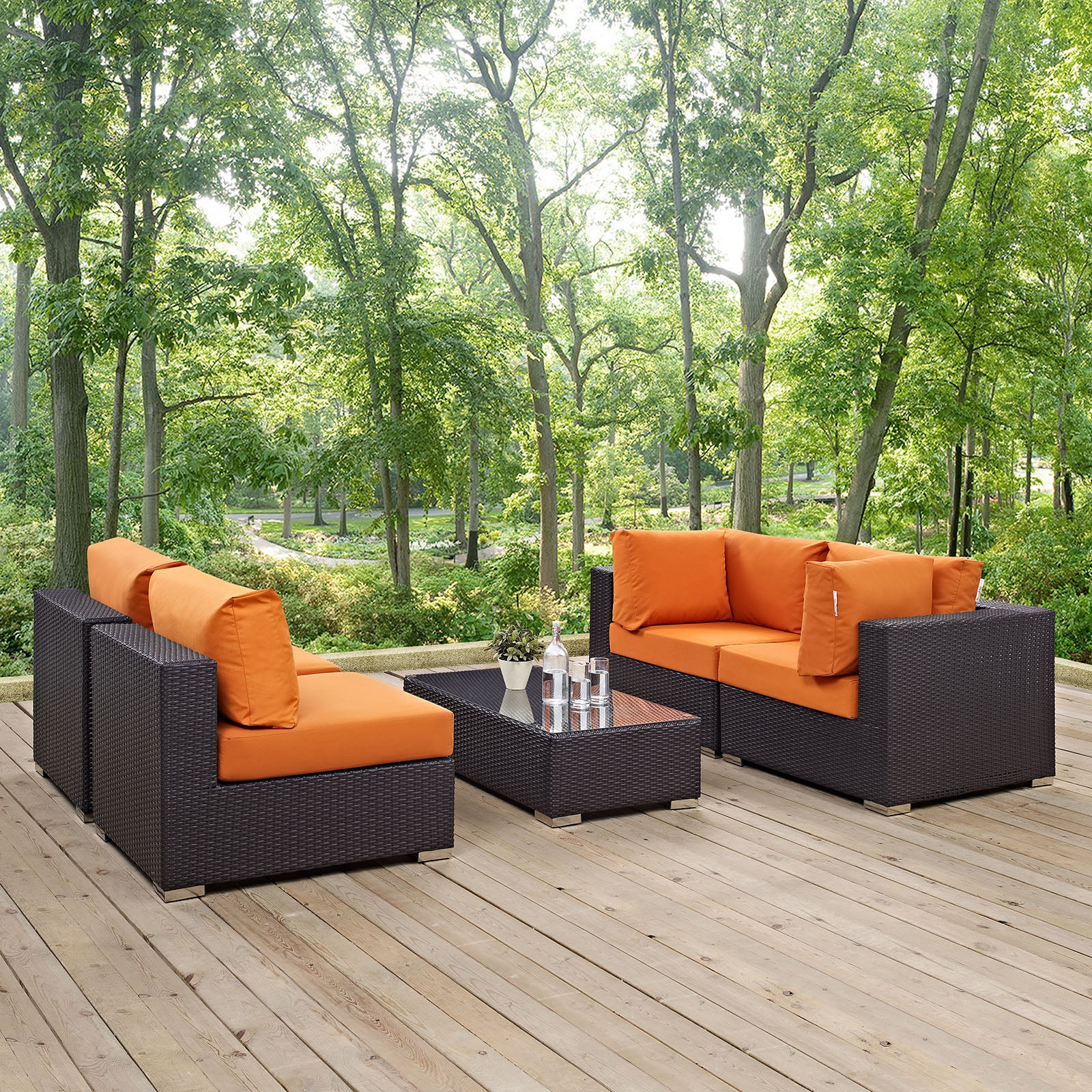 Modway Outdoor Conversation Sets - Convene 5 Piece Outdoor 134" Sectional Set Espresso & Orange