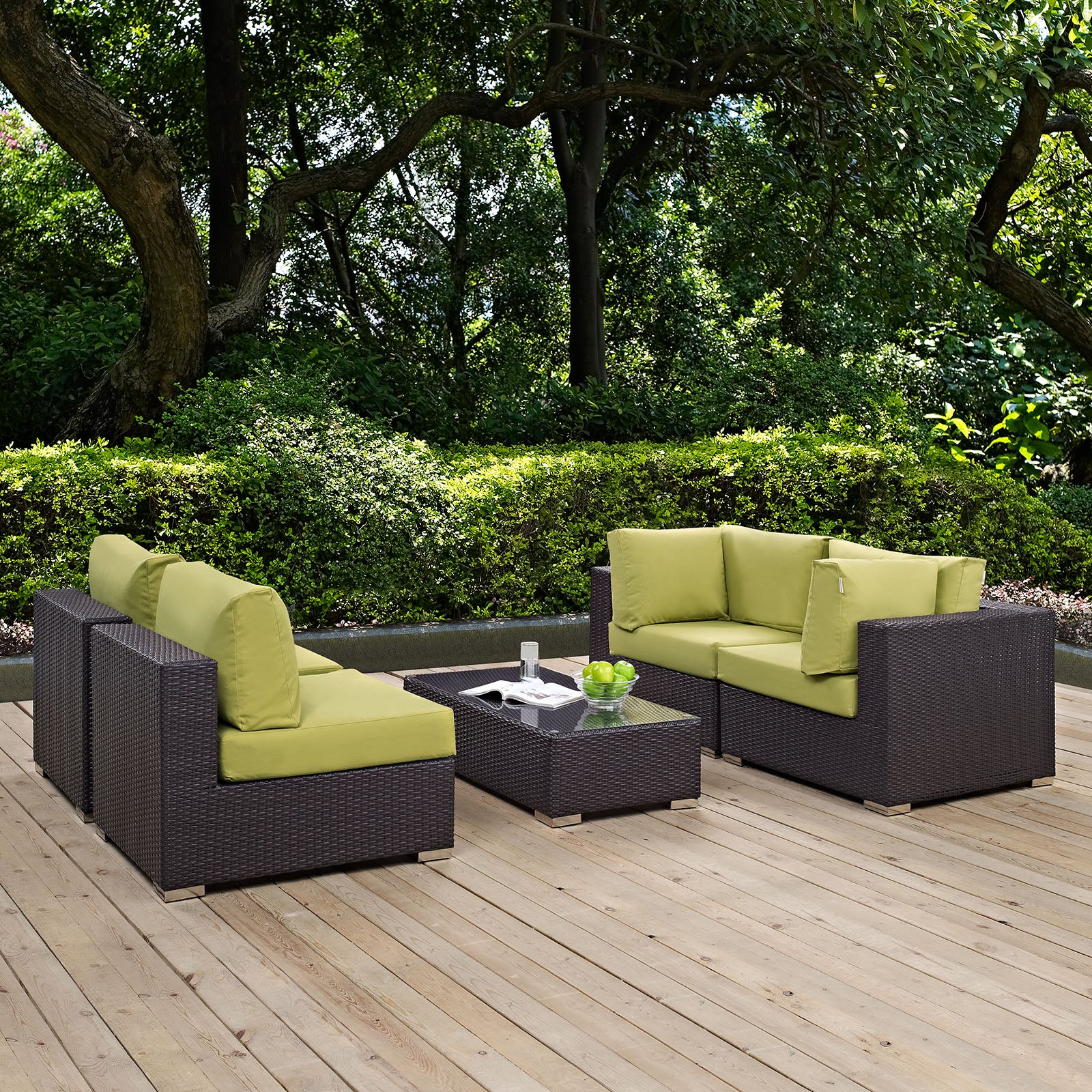 Modway Outdoor Conversation Sets - Convene 5 Piece Outdoor 134" Sectional Set Espresso Peridot