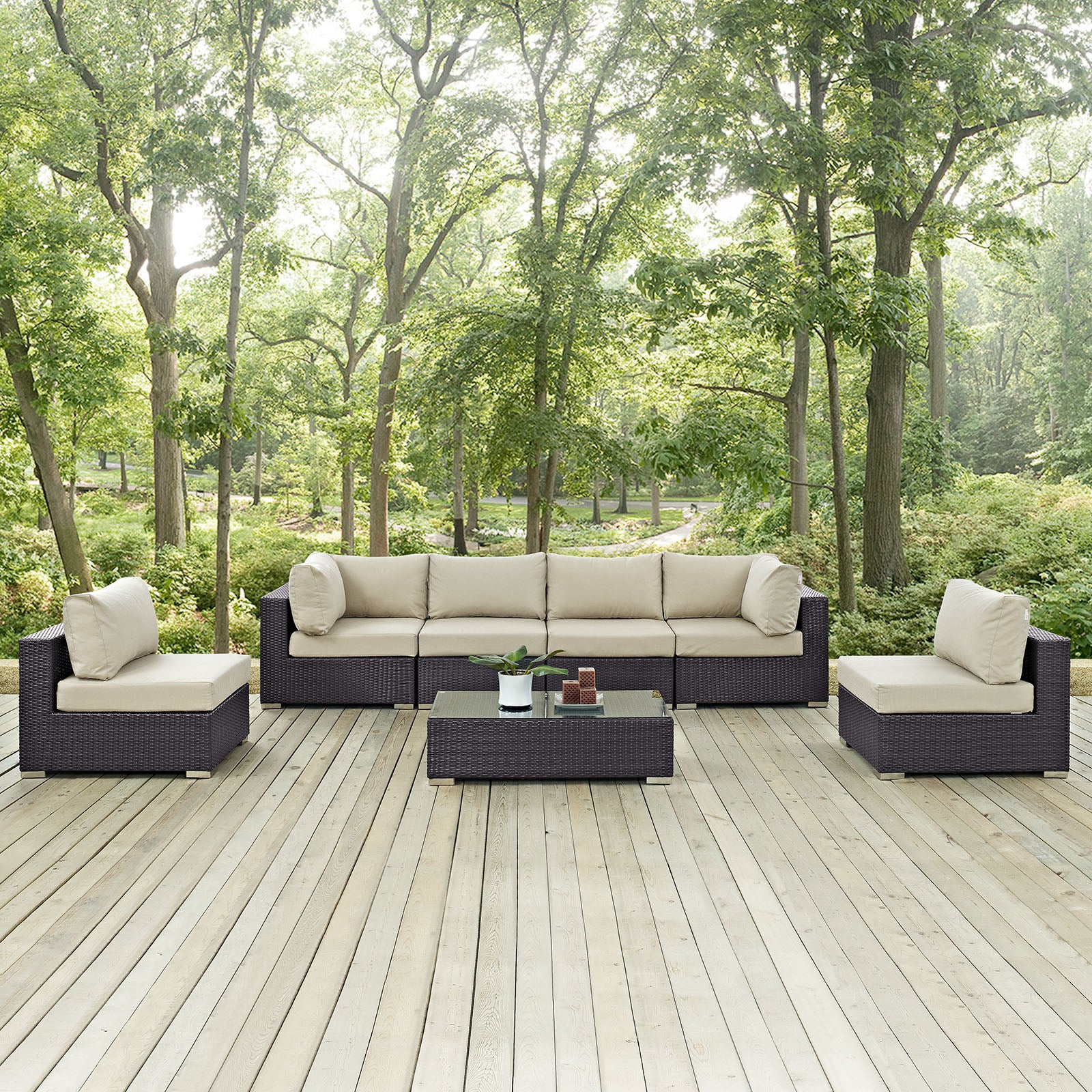 Modway Outdoor Conversation Sets - Convene 7 Piece 201" Outdoor Patio Sectional Set Espresso Beige