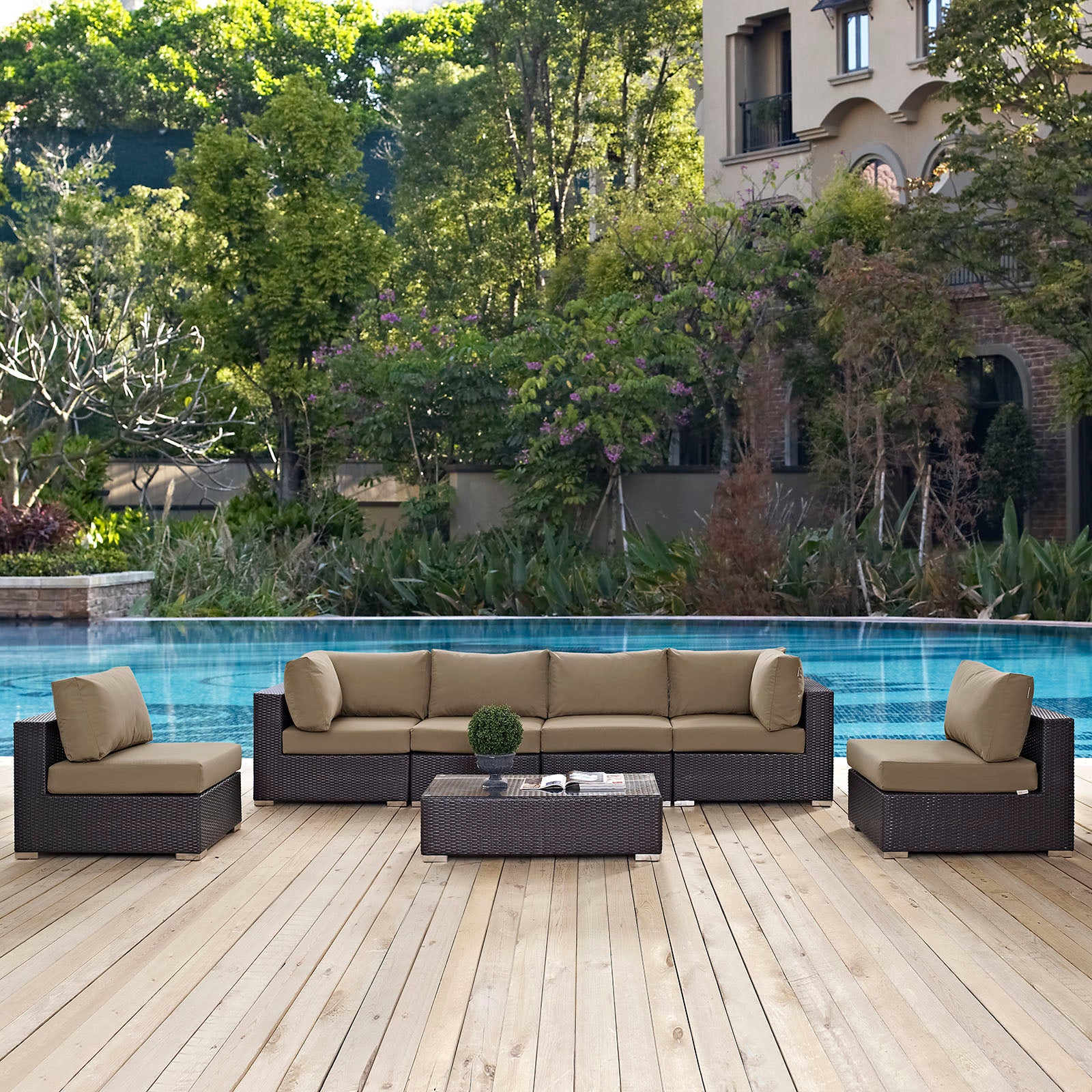 Modway Outdoor Conversation Sets - Convene 7 Piece 201" Outdoor Patio Sectional Set Espresso Mocha