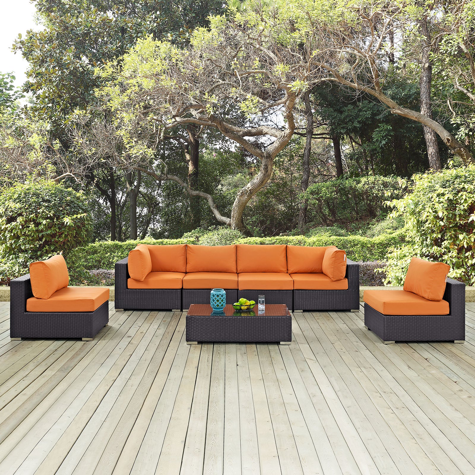 Modway Outdoor Conversation Sets - Convene 7 Piece 201" Outdoor Patio Sectional Set Espresso Orange
