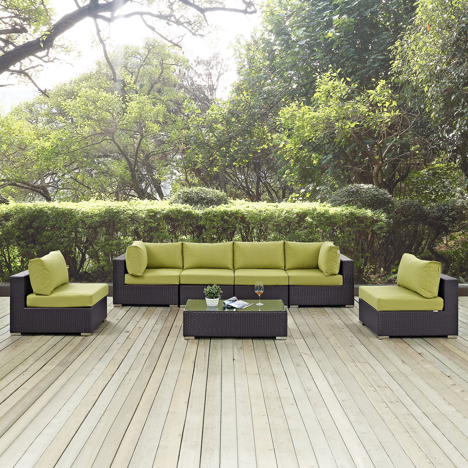 Modway Outdoor Conversation Sets - Convene 7 Piece Outdoor Sectional Set Espresso Peridot