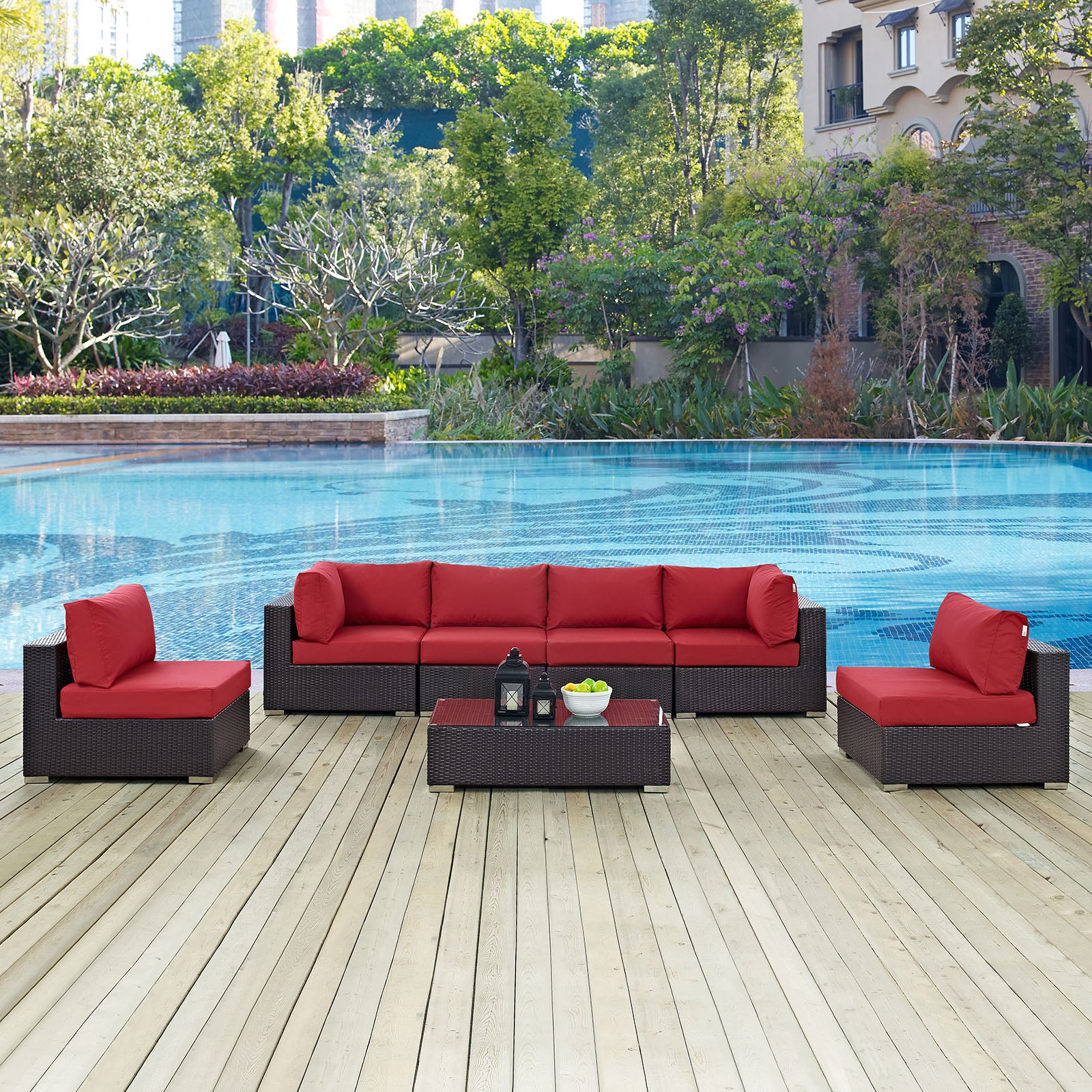 Modway Outdoor Conversation Sets - Convene 7 Piece Outdoor Sectional Set Espresso Red