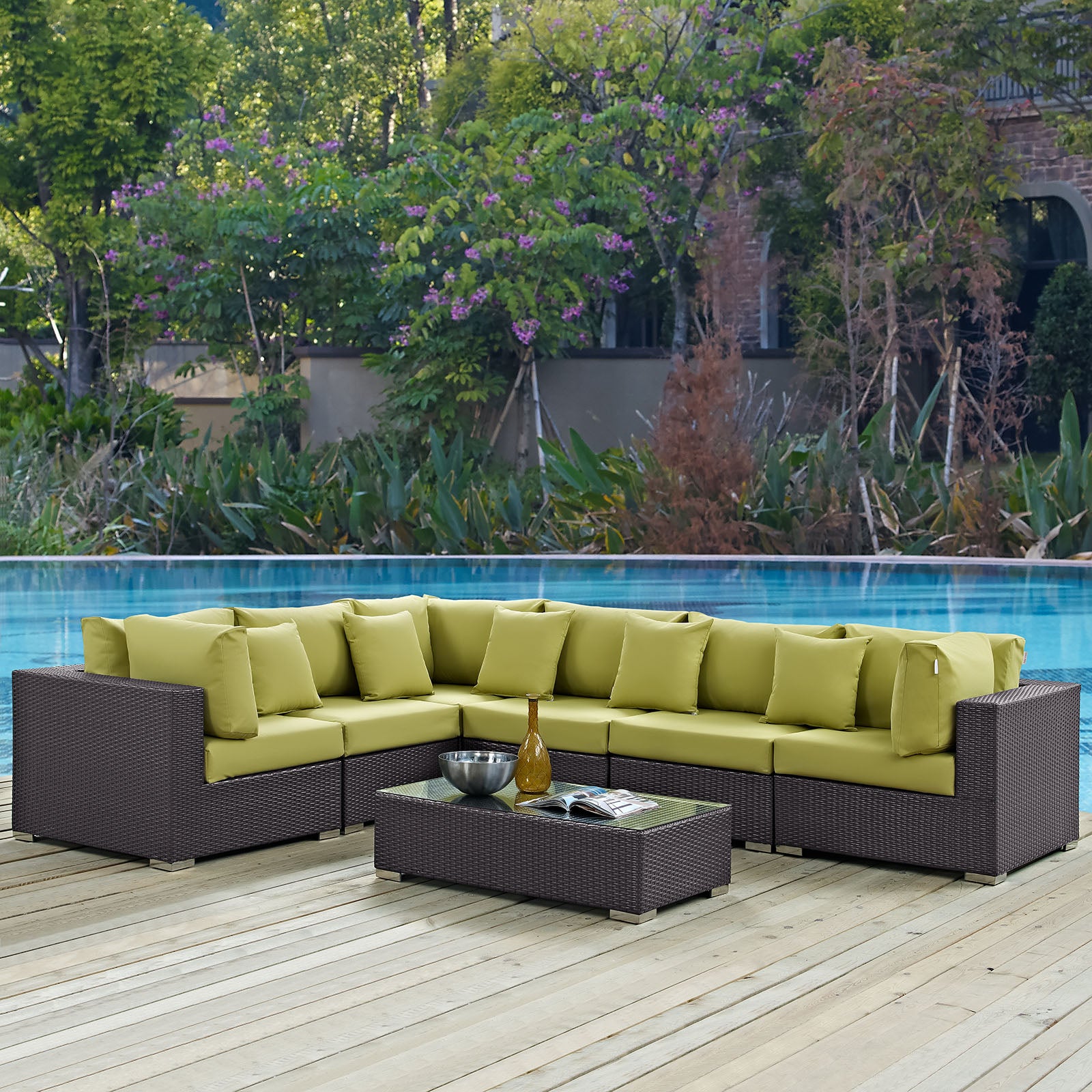 Modway Outdoor Conversation Sets - EEI-2168-EXP-PER-SET Convene 7 Piece Outdoor Patio Sectional Set Expresso Peridot