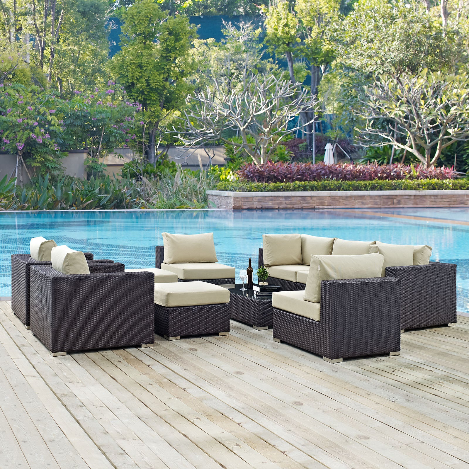 Modway Outdoor Conversation Sets - Convene 10 Piece Outdoor Patio Sectional Set Espresso Beige