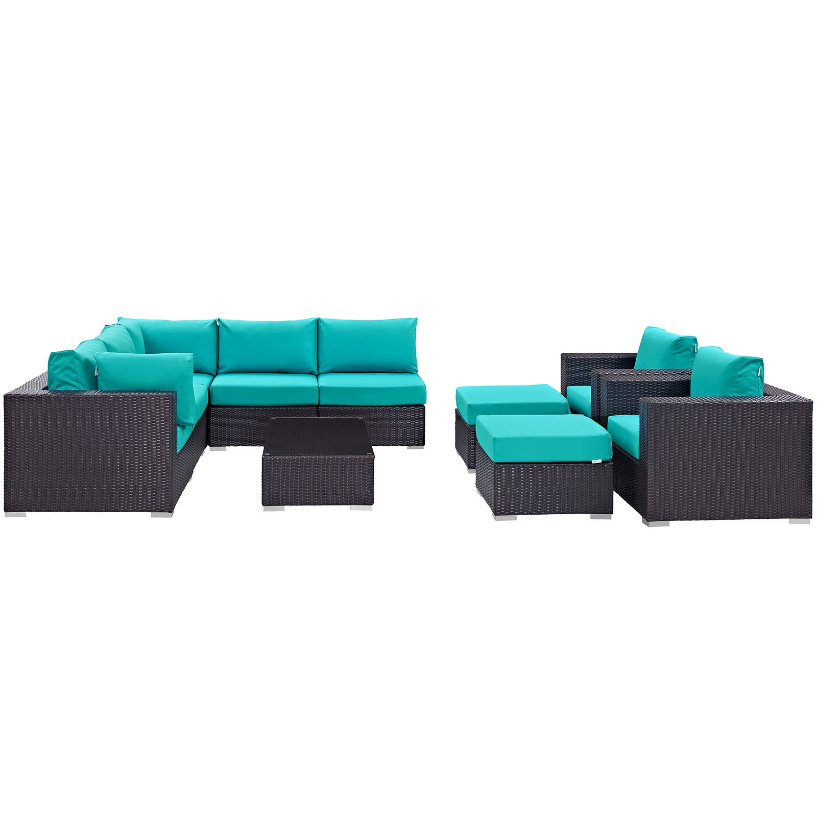 Modway Outdoor Conversation Sets - Convene 10 Piece Outdoor Patio Sectional Set Espresso Turquoise