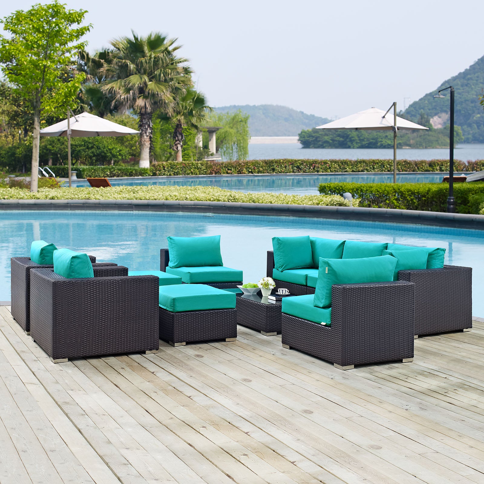 Modway Outdoor Conversation Sets - Convene 10 Piece Outdoor Patio Sectional Set Espresso Turquoise