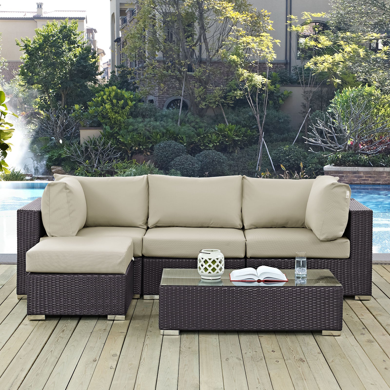 Modway Outdoor Conversation Sets - Convene 5 Piece 98.5" Outdoor Patio Sectional Set Espresso Beige