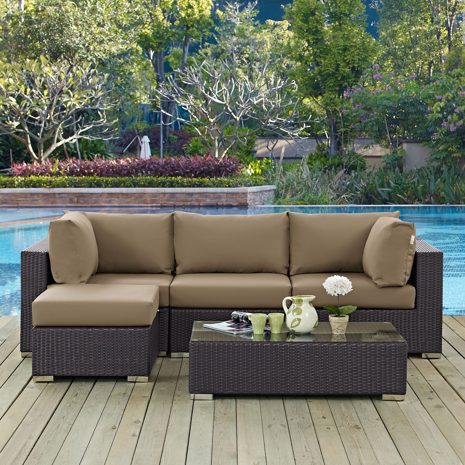 Modway Outdoor Conversation Sets - Convene 5 Piece Outdoor 98.5" Sectional Set Espresso Mocha