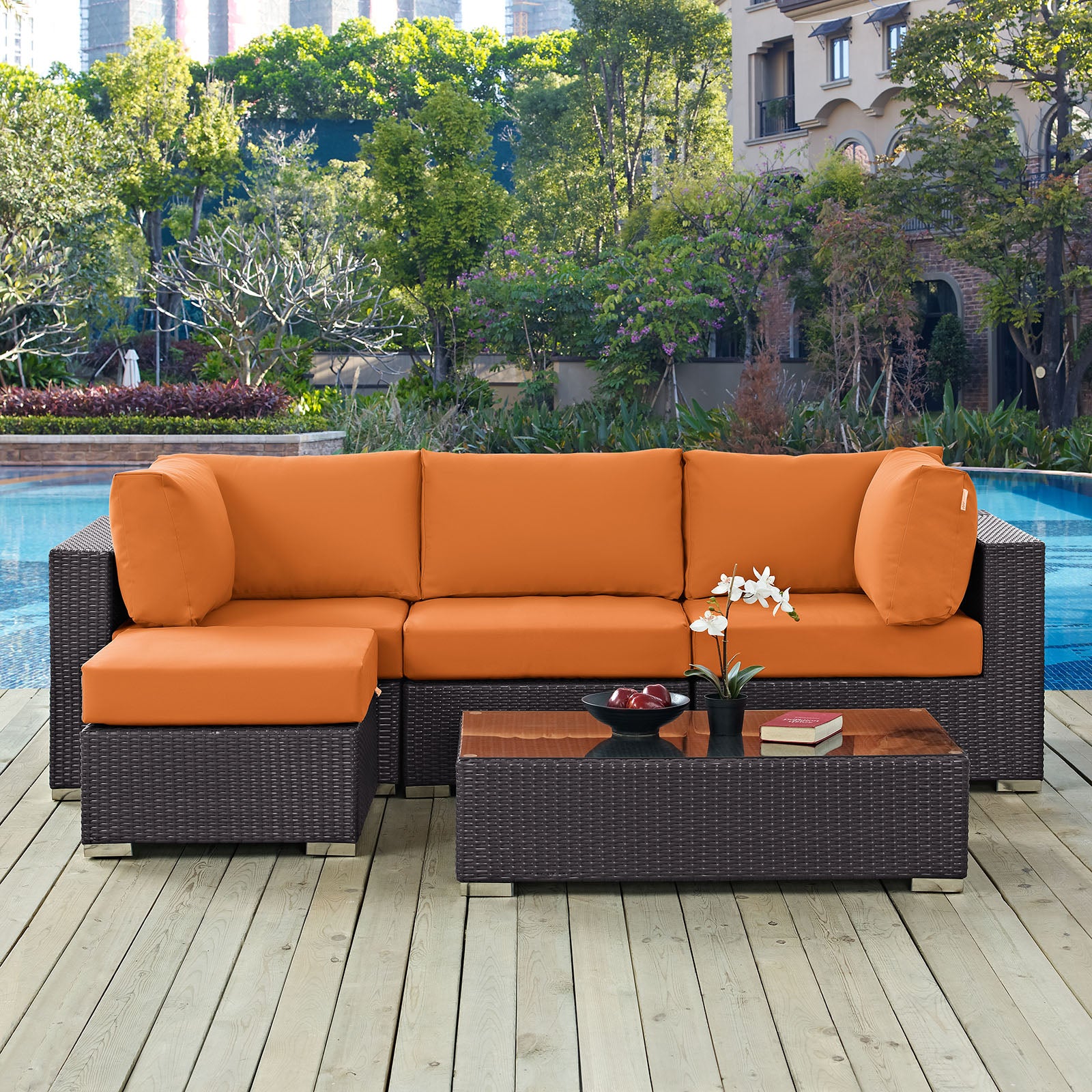 Modway Outdoor Conversation Sets - Convene 5 Piece 98.5" Sectional Set Espresso Orange