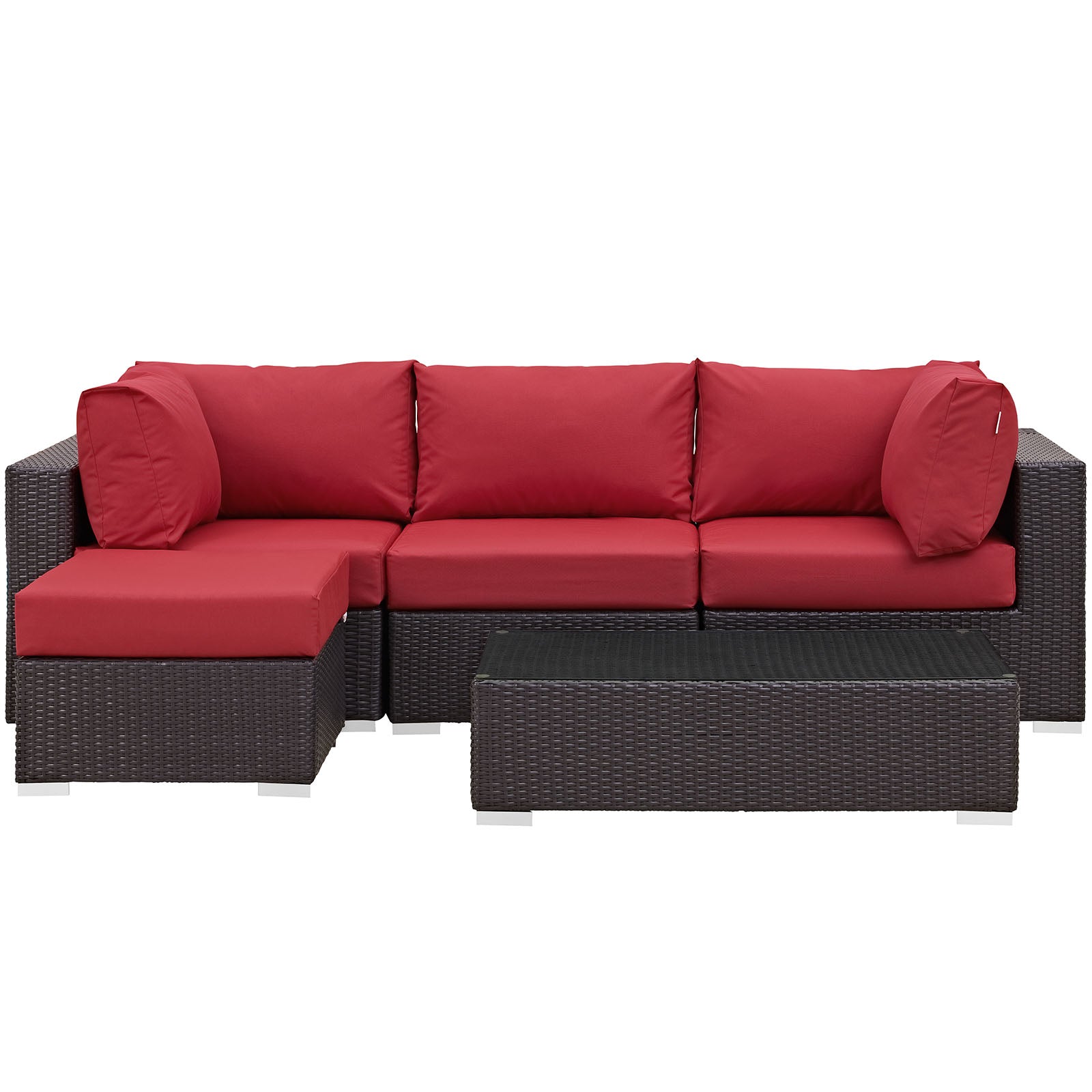 Modway Outdoor Conversation Sets - Convene 5 Piece Outdoor 98.5"W Patio Sectional Set Espresso Red