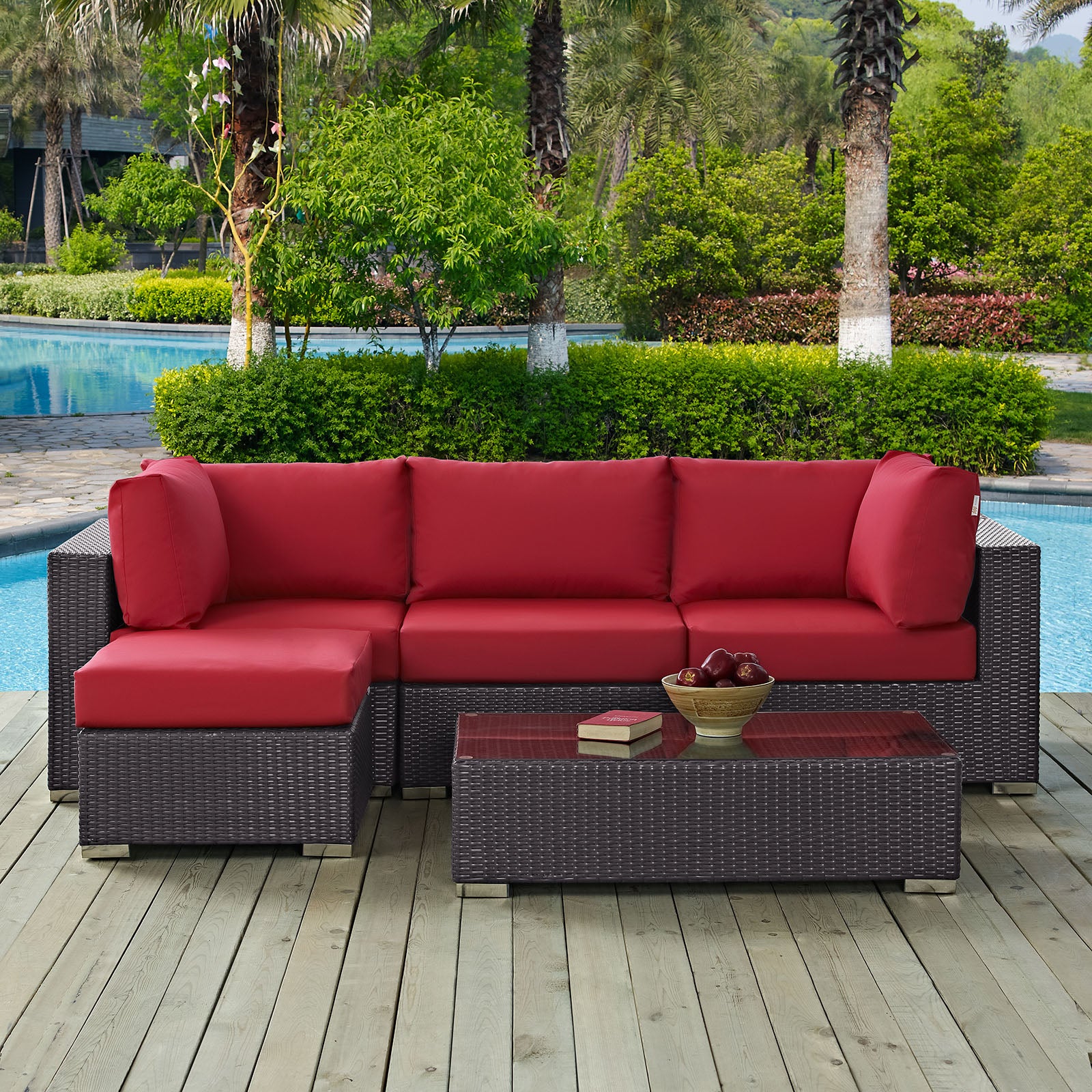Modway Outdoor Conversation Sets - Convene 5 Piece Outdoor 98.5"W Patio Sectional Set Espresso Red