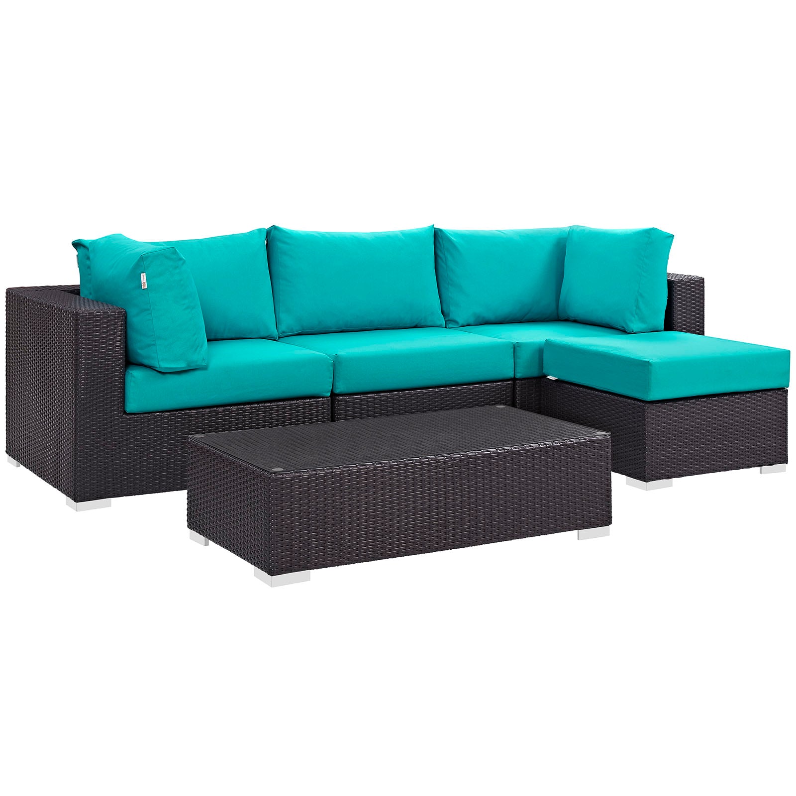 Modway Outdoor Conversation Sets - Convene 5 Piece Outdoor Rattan Patio Sectional Set Espresso & Turquoise