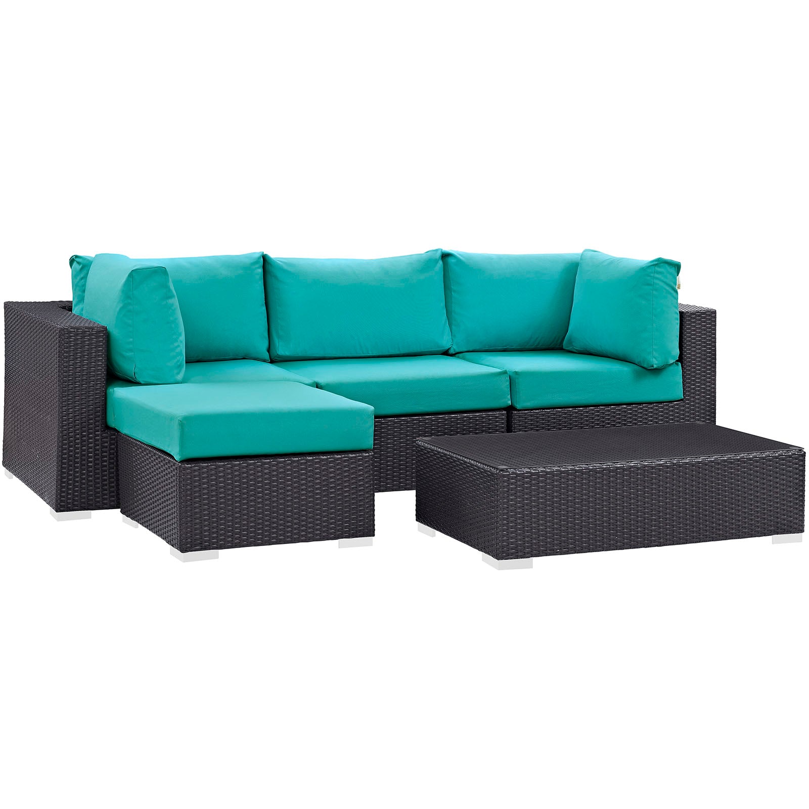 Modway Outdoor Conversation Sets - Convene 5 Piece Outdoor Rattan Patio Sectional Set Espresso & Turquoise