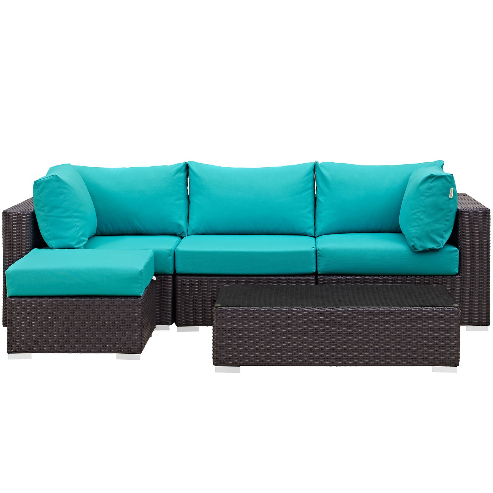 Modway Outdoor Conversation Sets - Convene 5 Piece Outdoor Rattan Patio Sectional Set Espresso & Turquoise