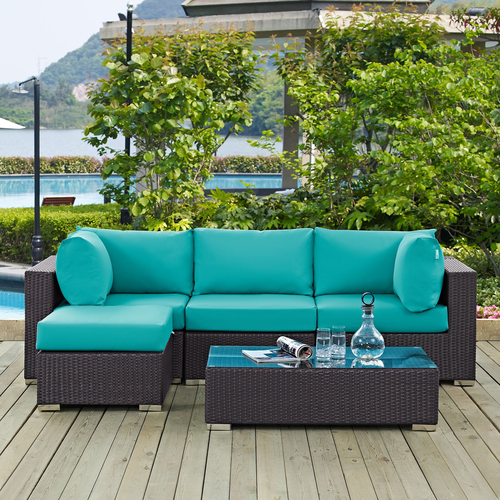 Modway Outdoor Conversation Sets - Convene 5 Piece Outdoor Rattan Patio Sectional Set Espresso & Turquoise
