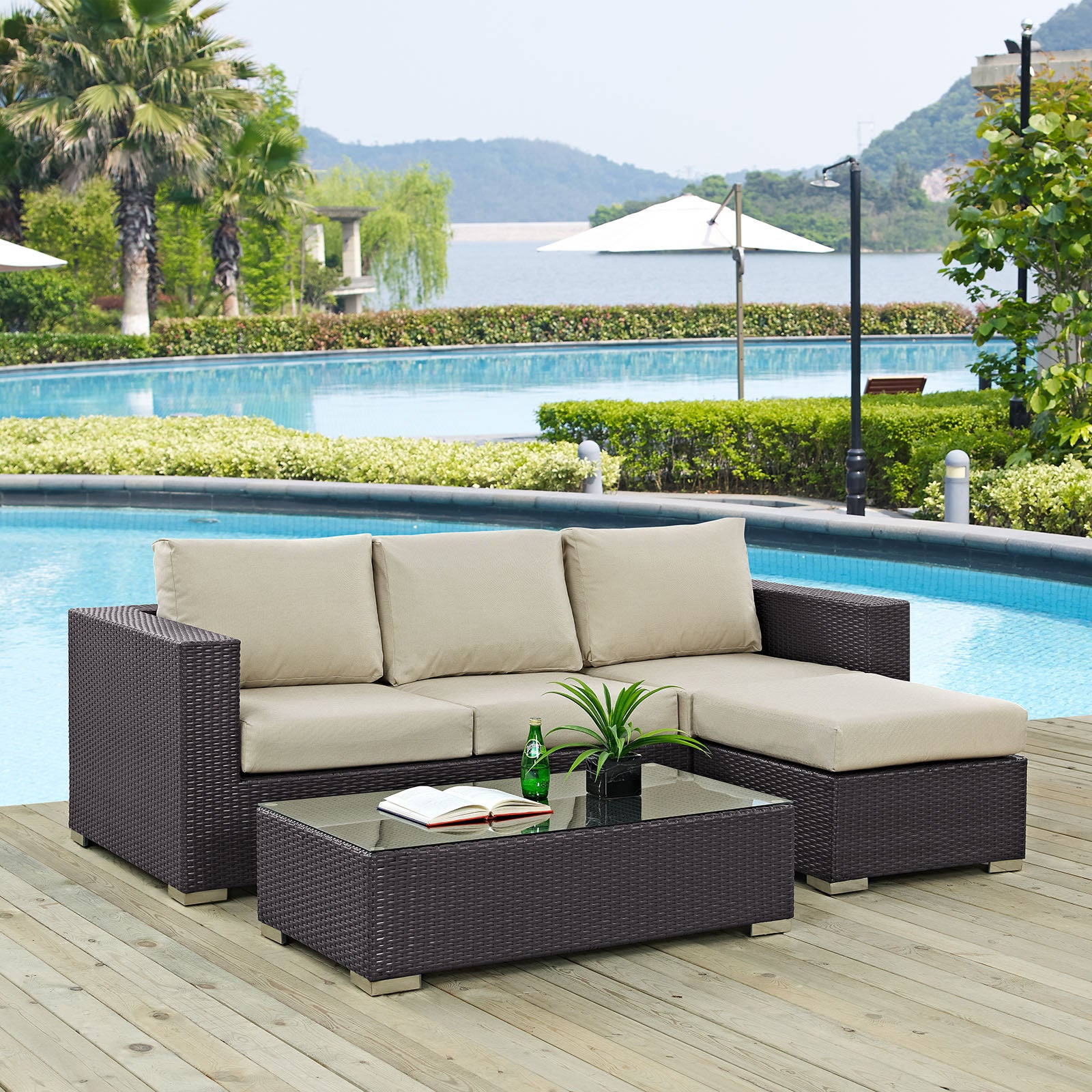 Modway Outdoor Conversation Sets - Convene 3 Piece Patio Sofa Set Espresso Beige