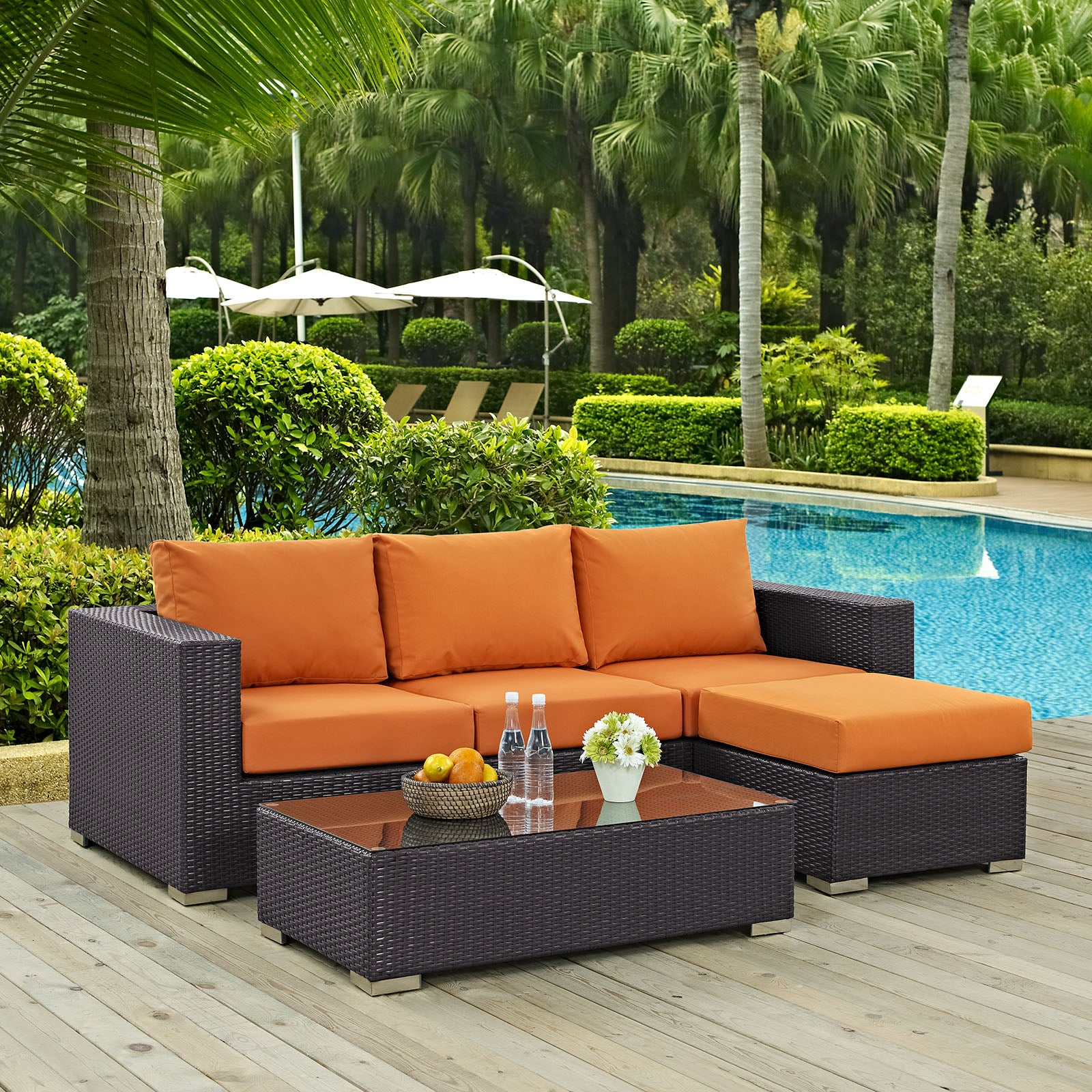 Modway Outdoor Conversation Sets - Convene 3 Piece Sofa Set Espresso & Orange