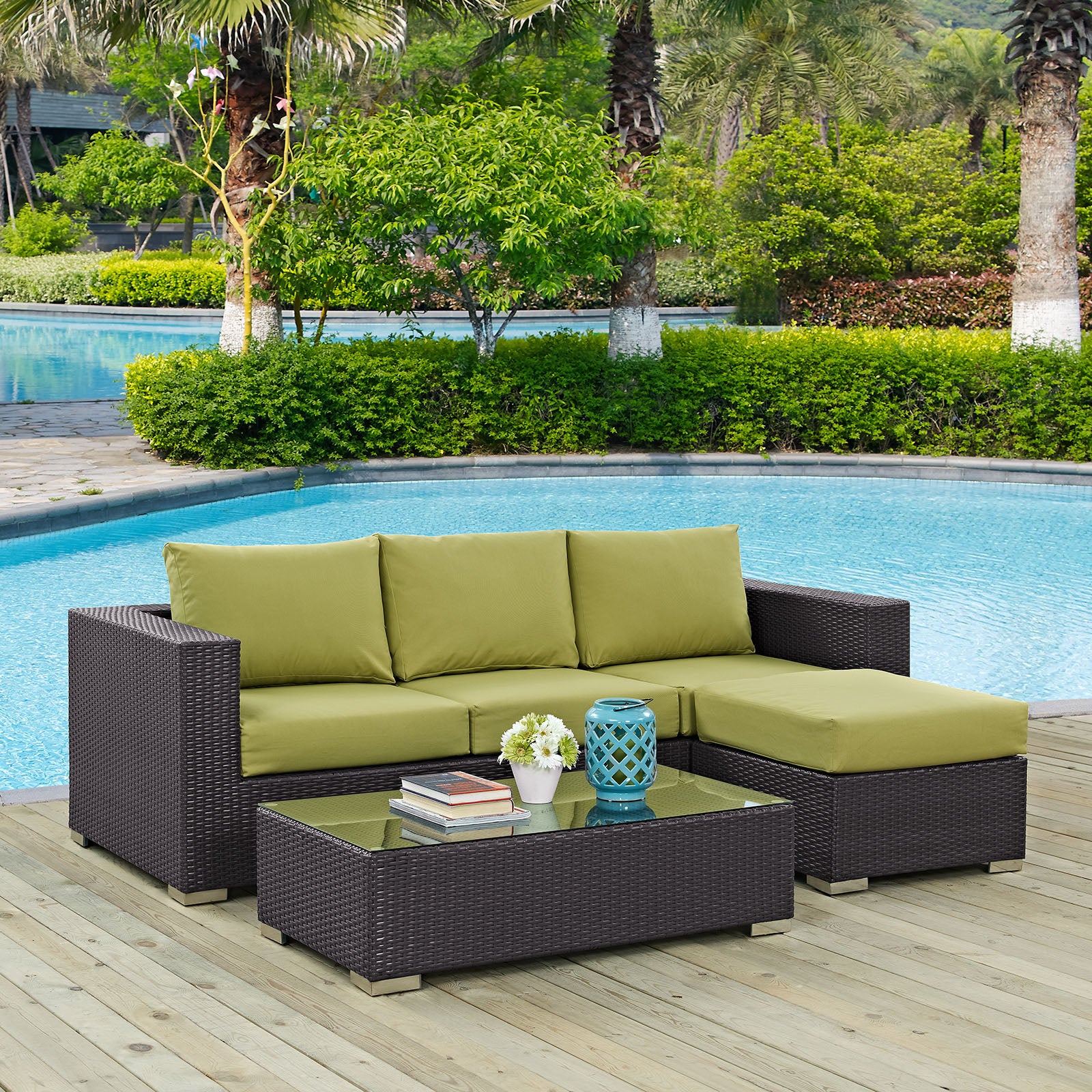 Modway Outdoor Conversation Sets - EEI-2178-EXP-PER-SET Convene 3 Piece Outdoor Patio Sofa Set Espresso Peridot