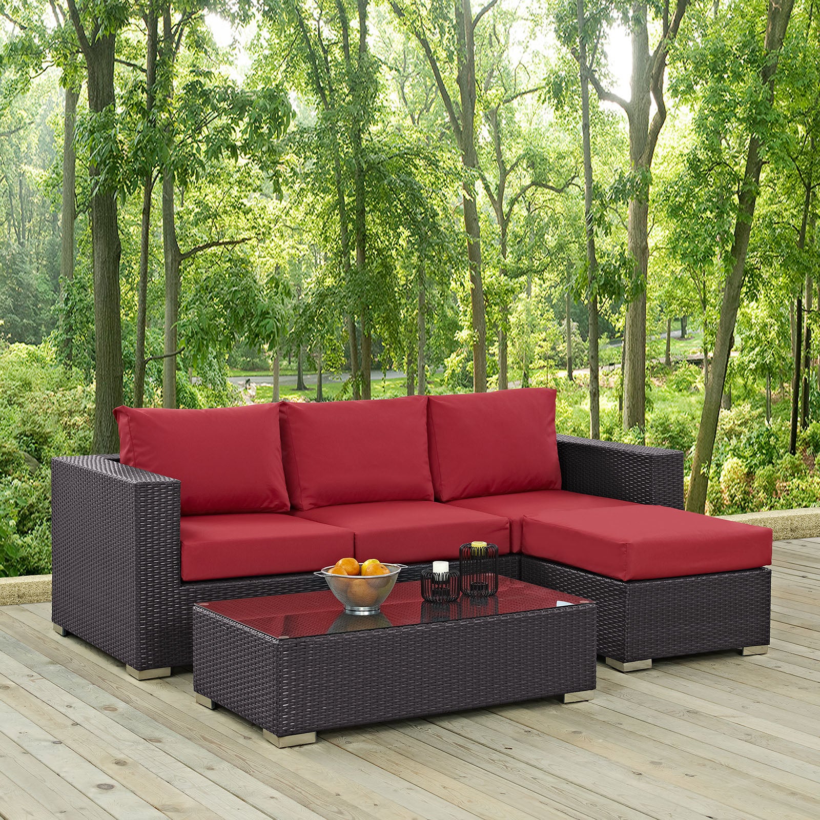 Modway Outdoor Conversation Sets - Convene 3 Piece Outdoor Patio Sofa Set Espresso Red