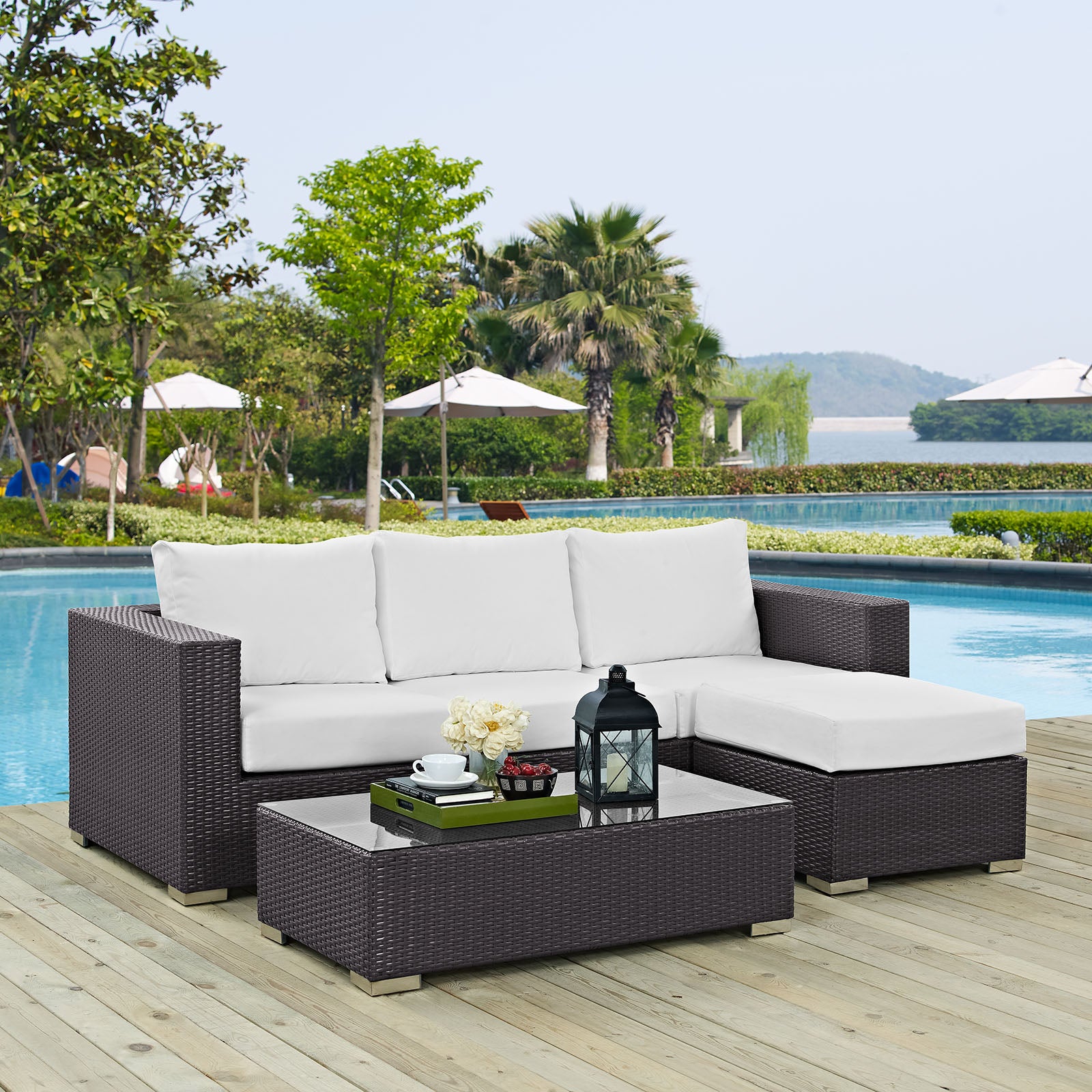 Modway Outdoor Conversation Sets - Convene 3 Piece 77" Outdoor Patio Sofa Set Espresso White