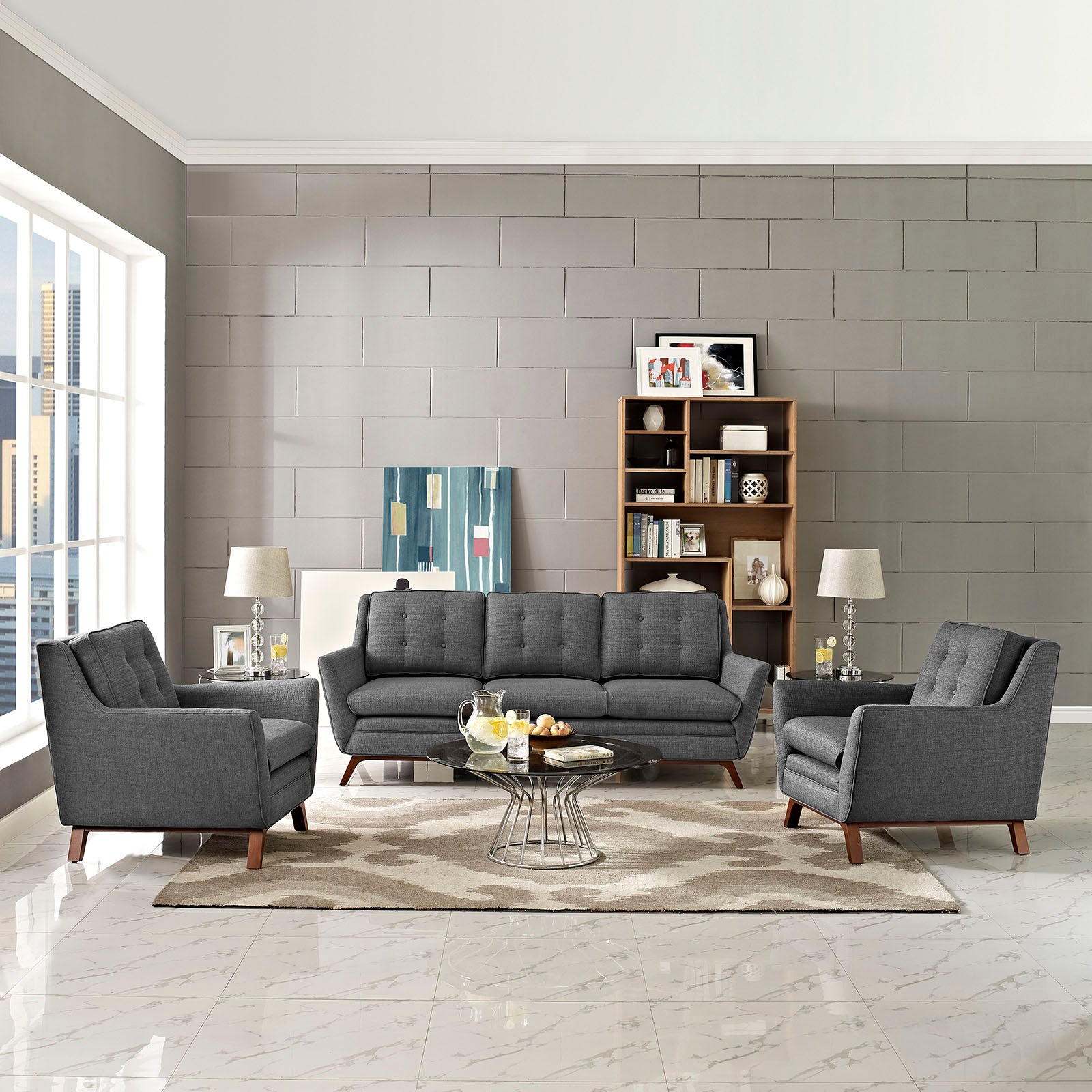 Modway Living Room Sets - Beguile 3 Piece Upholstered Fabric Living Room Set Gray