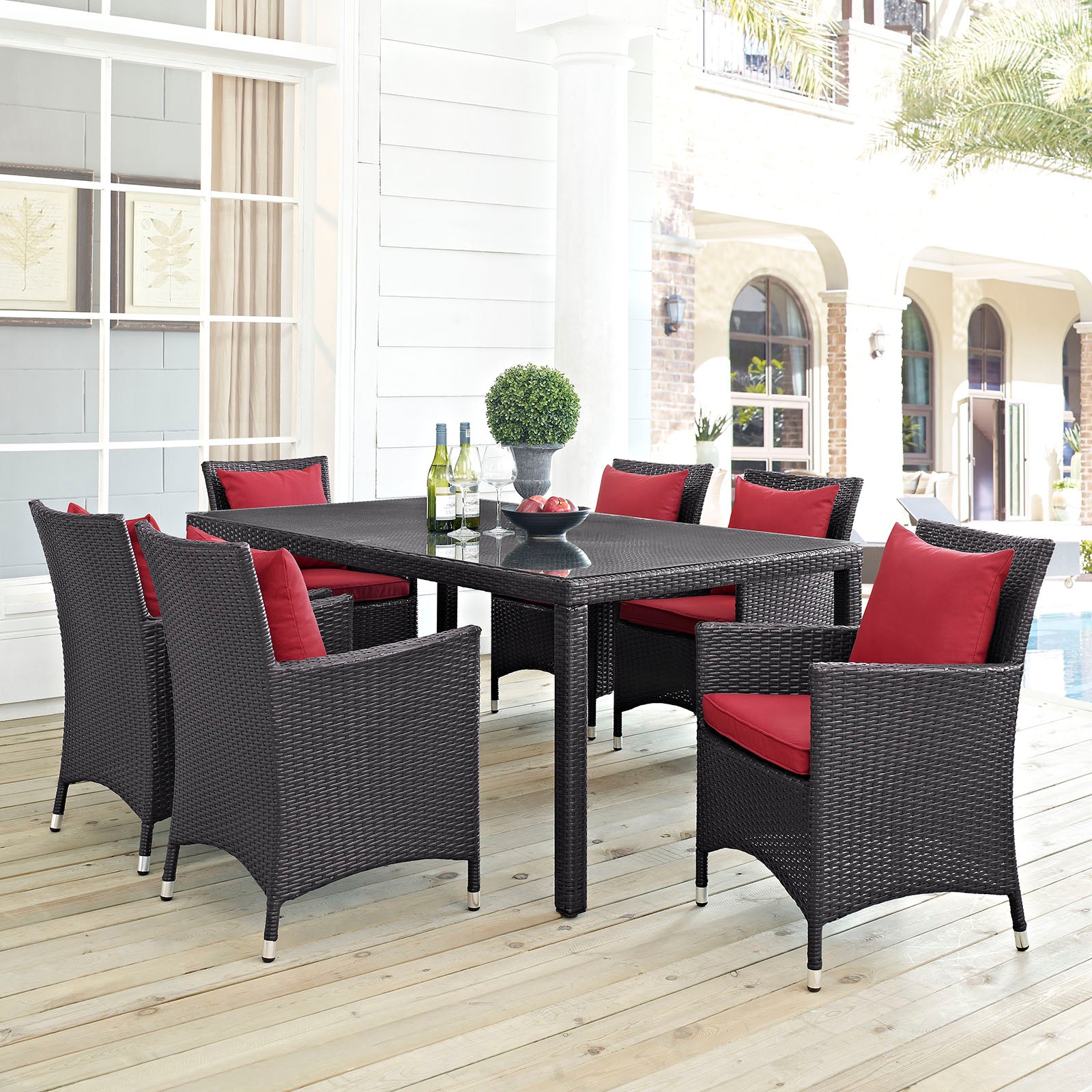 Modway Outdoor Dining Sets - Convene 7 Piece Outdoor Patio Dining Set Espresso Red
