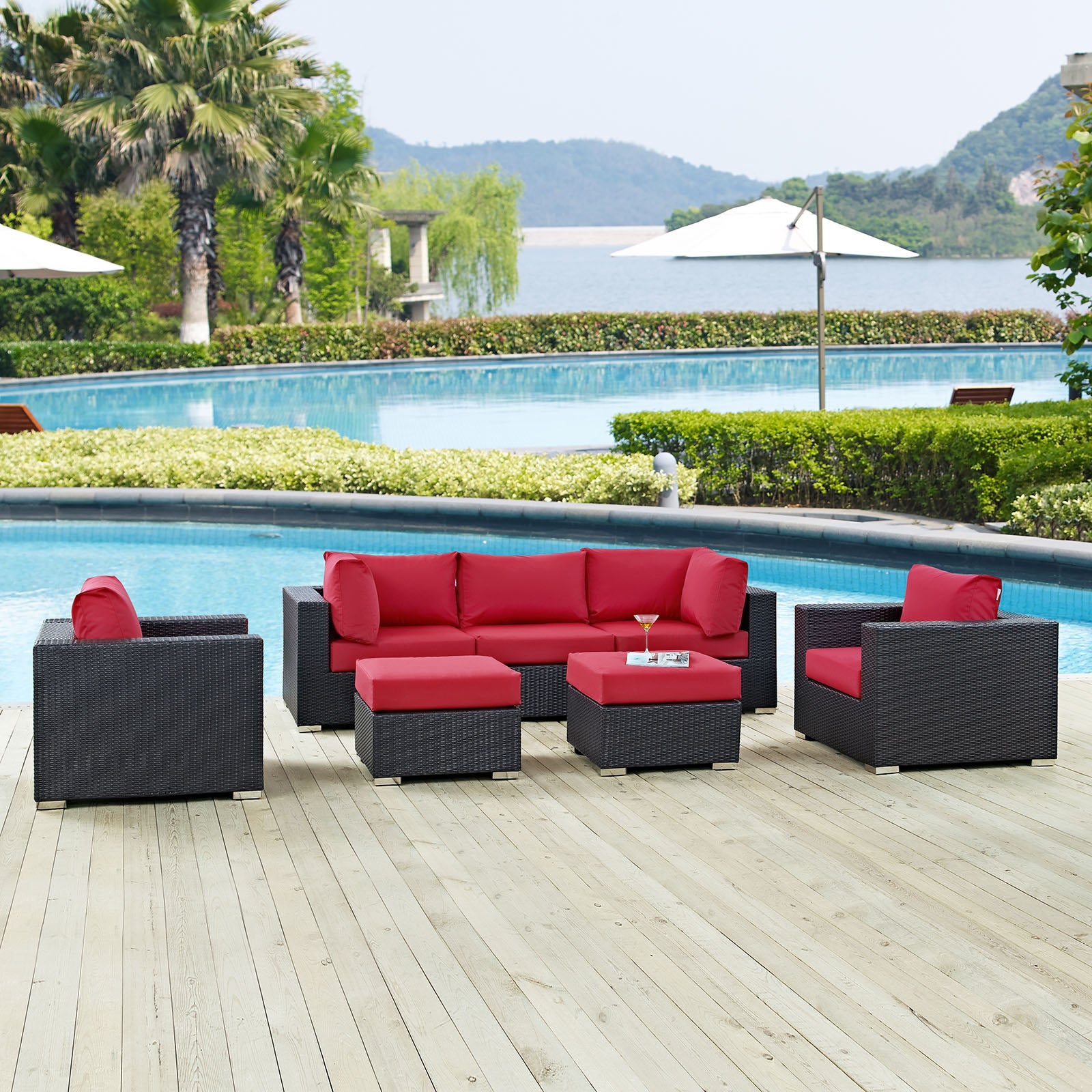 Modway Outdoor Conversation Sets - Convene 7 Piece Outdoor Patio Sectional Set in Espresso Red