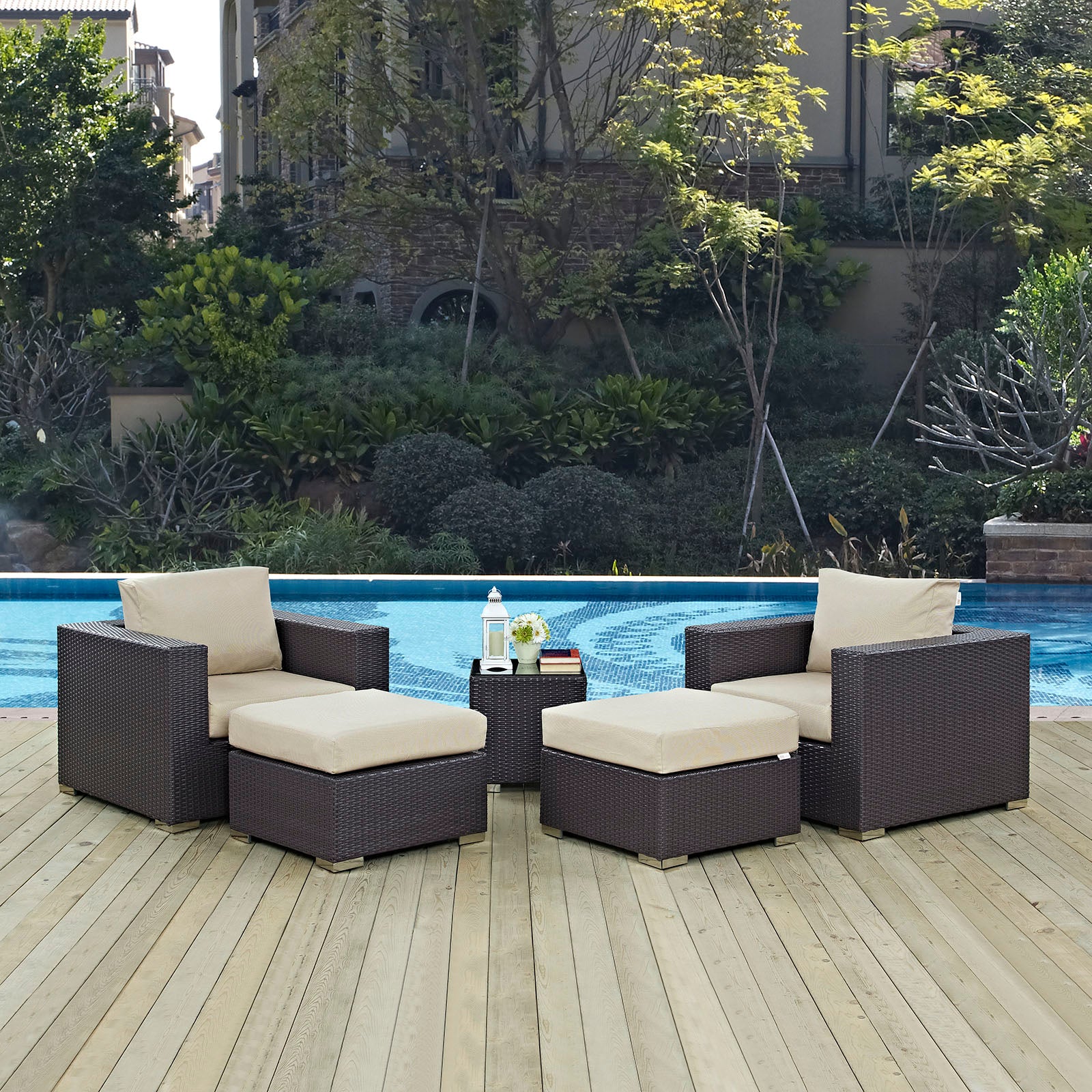Modway Outdoor Conversation Sets - Convene 5 Piece 92.5" Outdoor Patio Sectional Set Espresso Beige