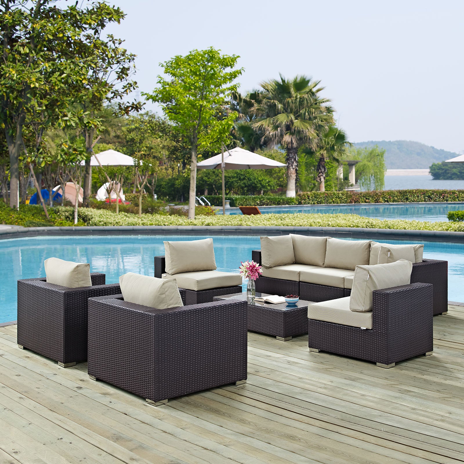 Modway Outdoor Conversation Sets - Convene 8 Piece Outdoor 145"D Patio Sectional Set Espresso Beige