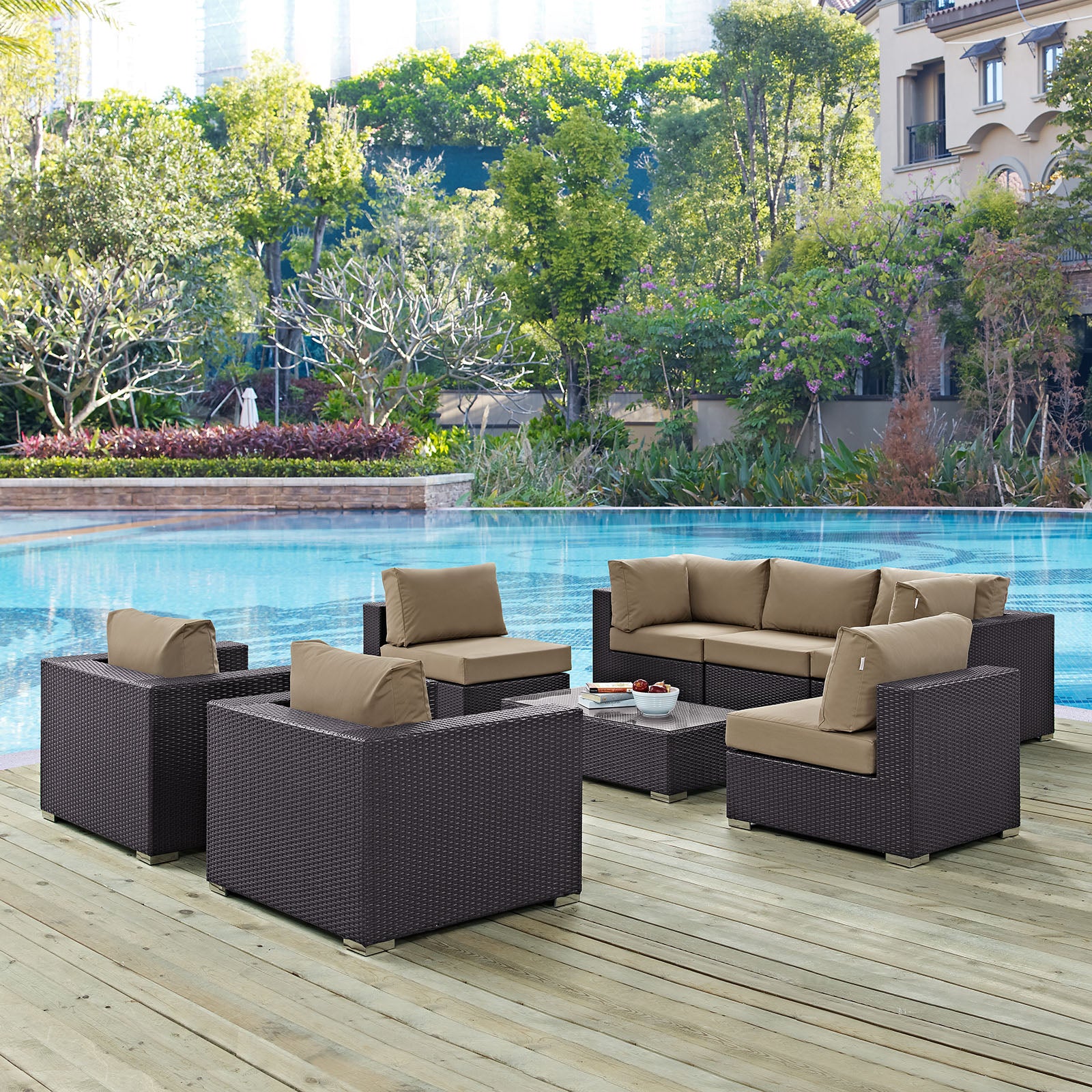 Modway Outdoor Conversation Sets - Convene 8 Piece Outdoor Patio 99 " W Sectional Set Espresso Mocha