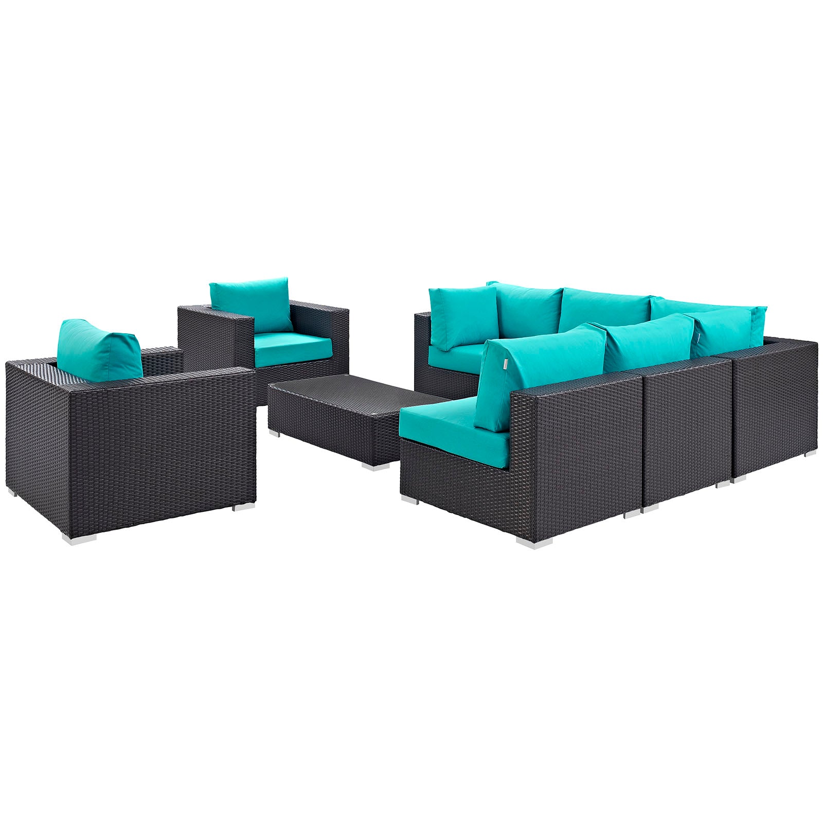 Modway Outdoor Conversation Sets - Convene 8 Piece Outdoor 99"W Patio Sectional Set Espresso Turquoise