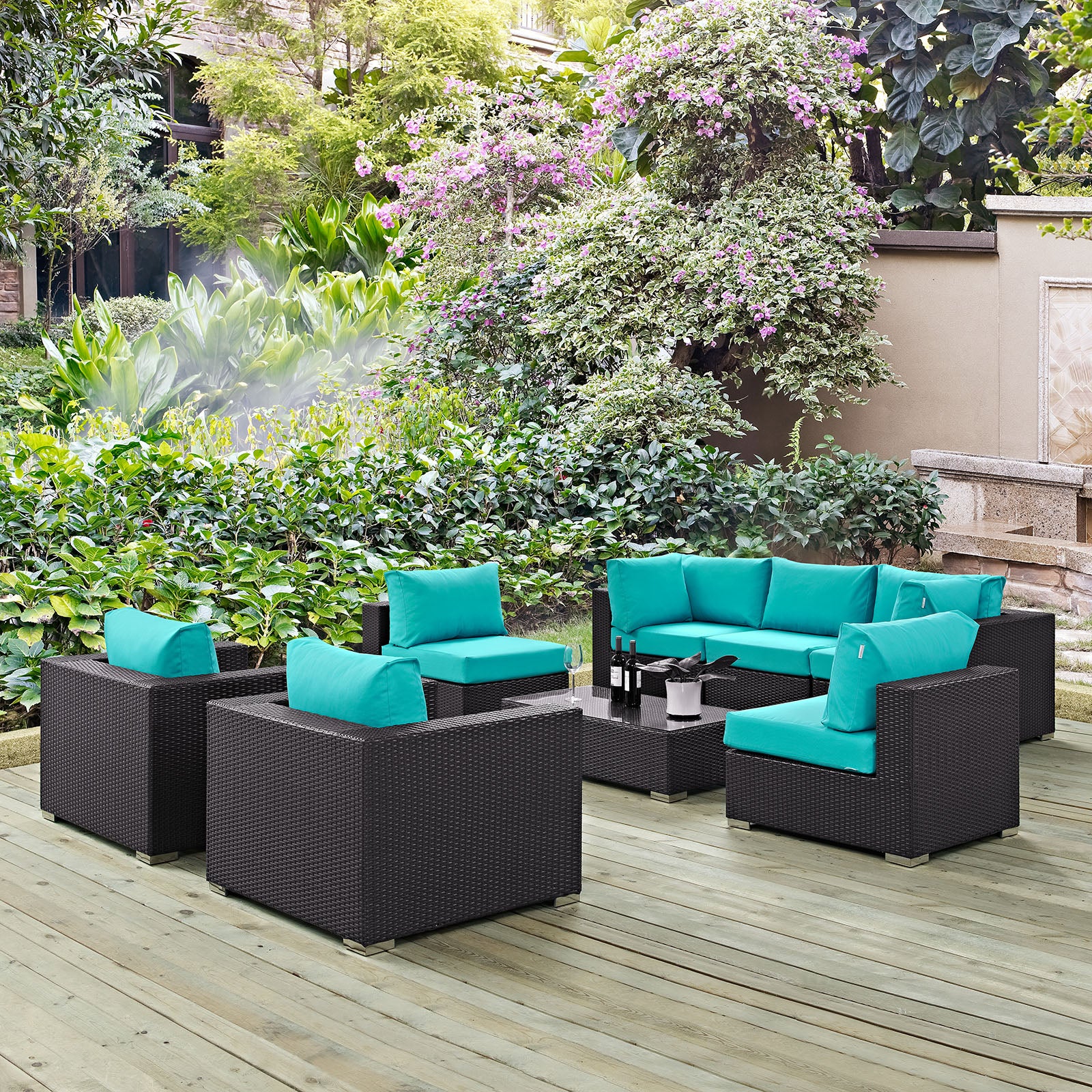 Modway Outdoor Conversation Sets - Convene 8 Piece Outdoor 99"W Patio Sectional Set Espresso Turquoise