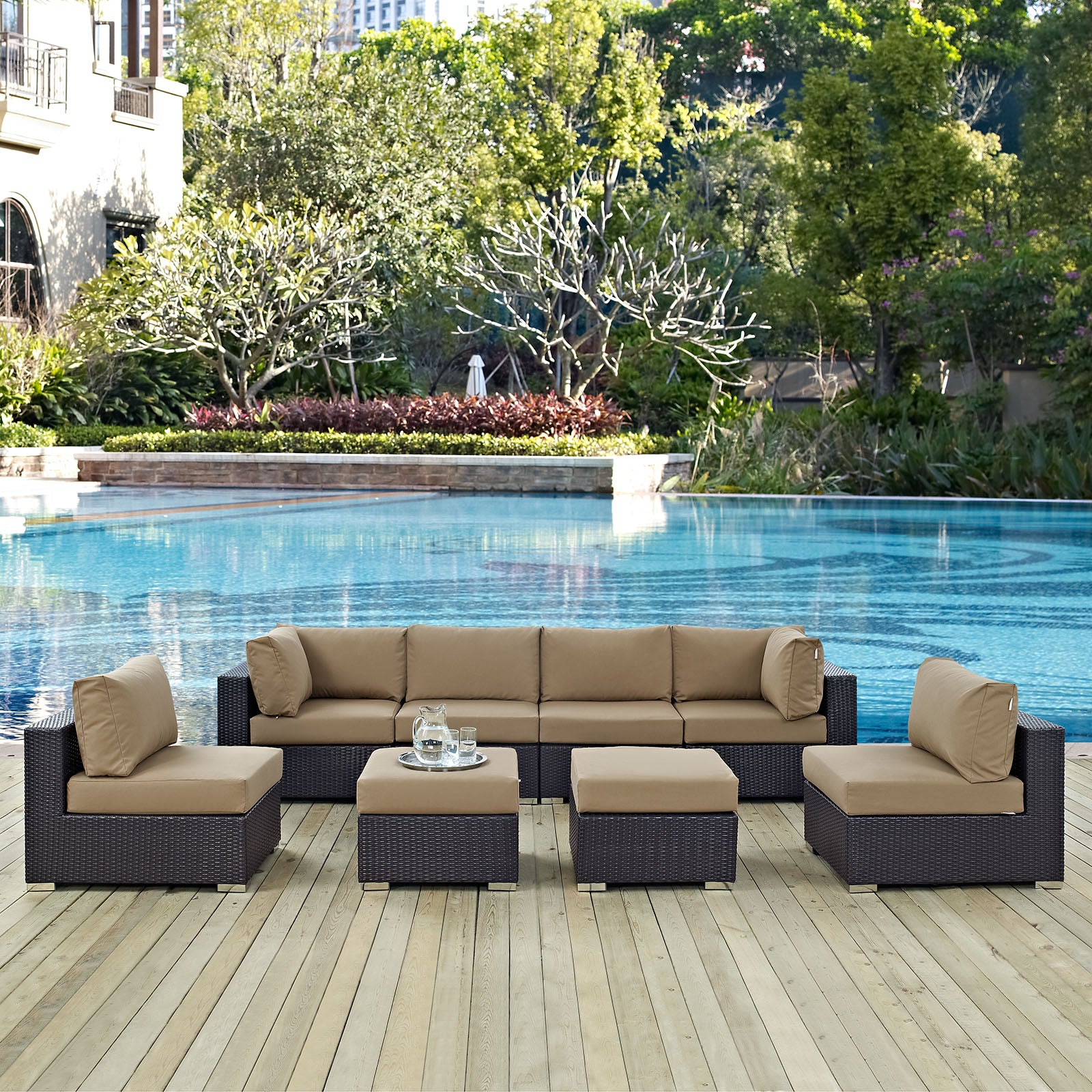 Modway Outdoor Conversation Sets - Convene 8 Piece Outdoor 197.5"W Patio Sectional Set Espresso Mocha