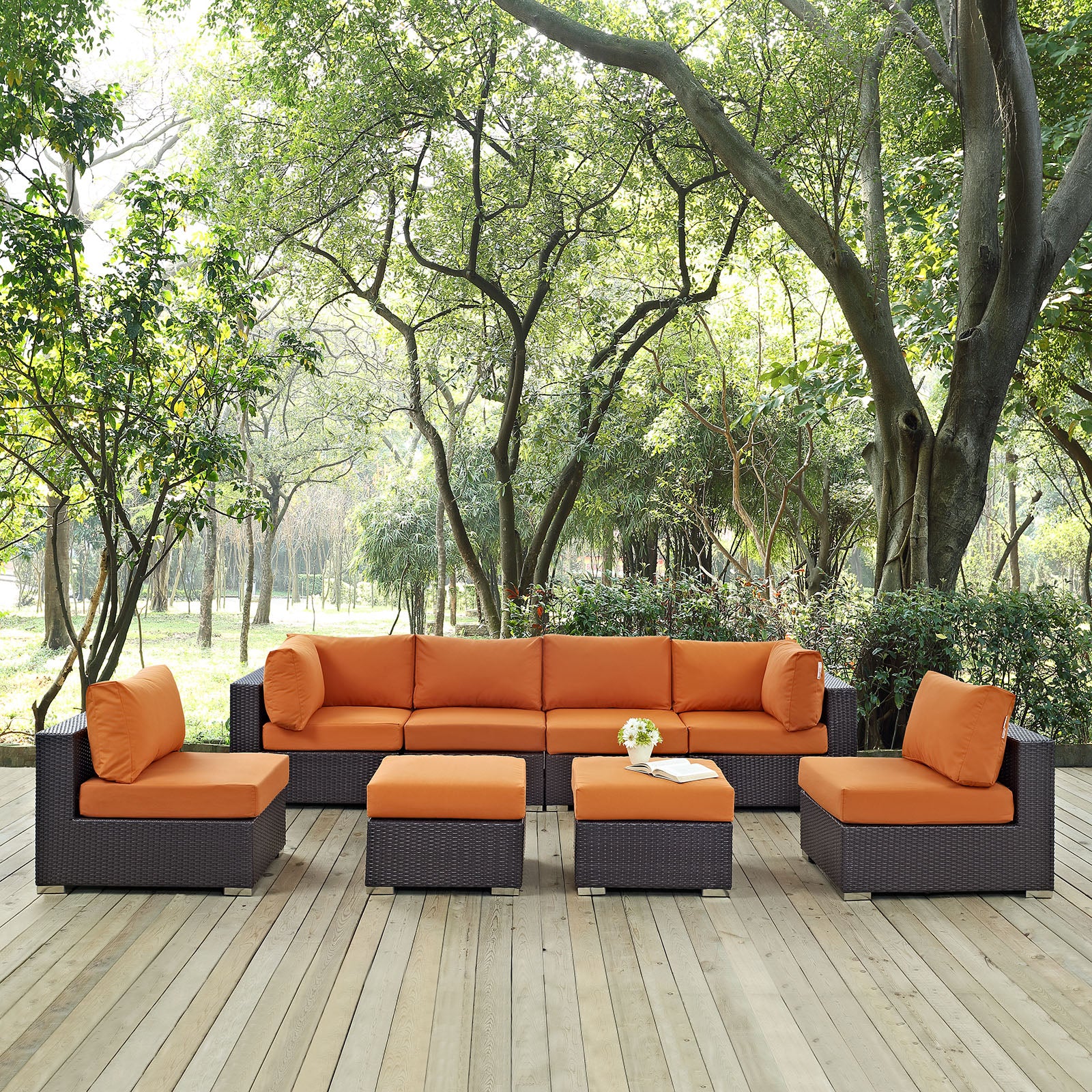 Modway Outdoor Conversation Sets - Convene 8 Piece Outdoor 197.5"W Patio Sectional Set Espresso Orange