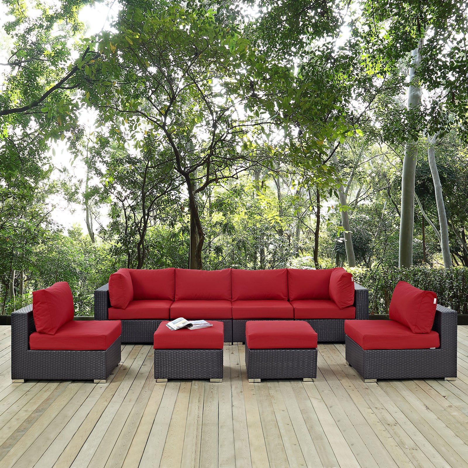 Modway Outdoor Conversation Sets - Convene 8 Piece Outdoor 197.5"W Patio Sectional Set Espresso Red