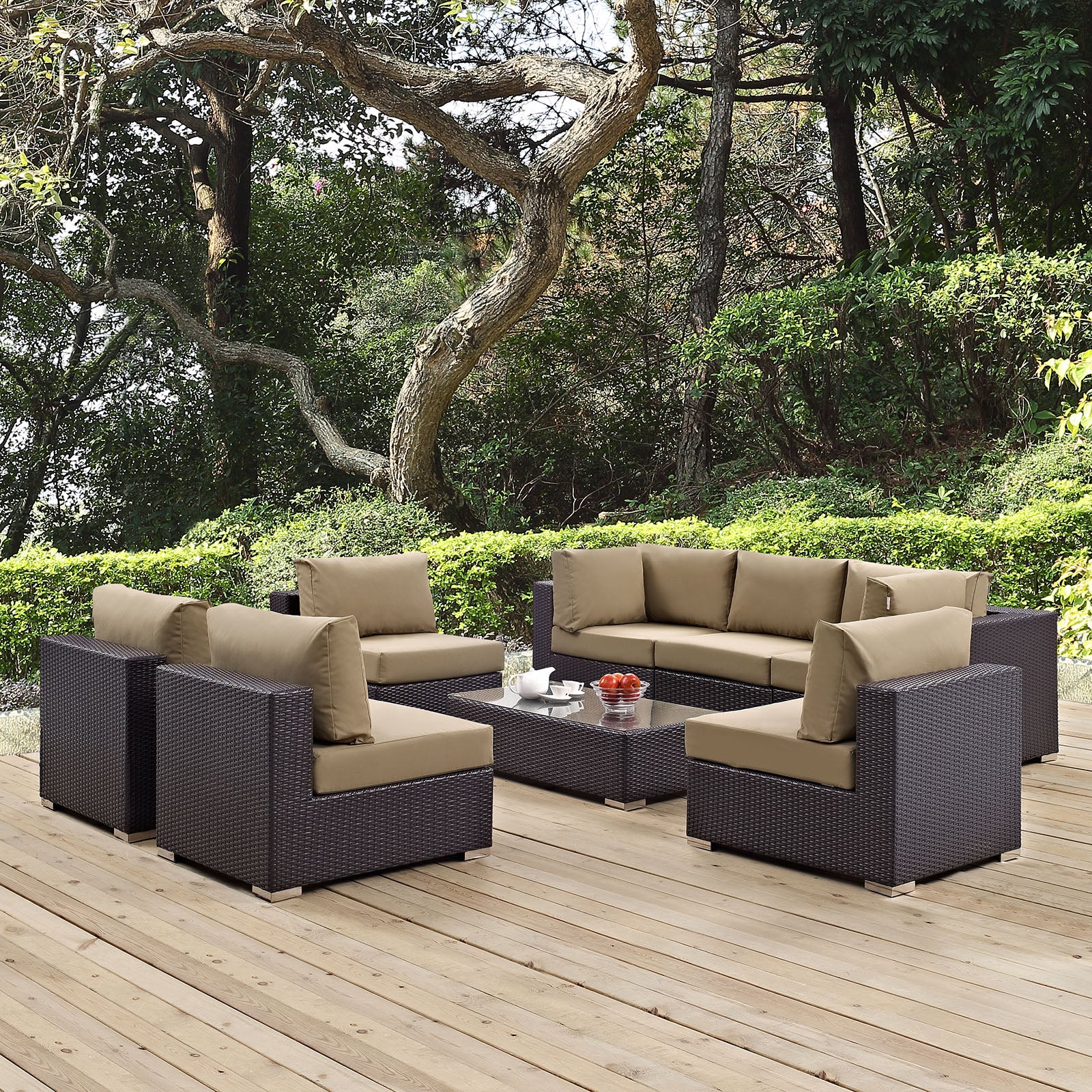 Modway Outdoor Conversation Sets - Convene 8 Piece Outdoor 64"D Patio Sectional Set Espresso Mocha