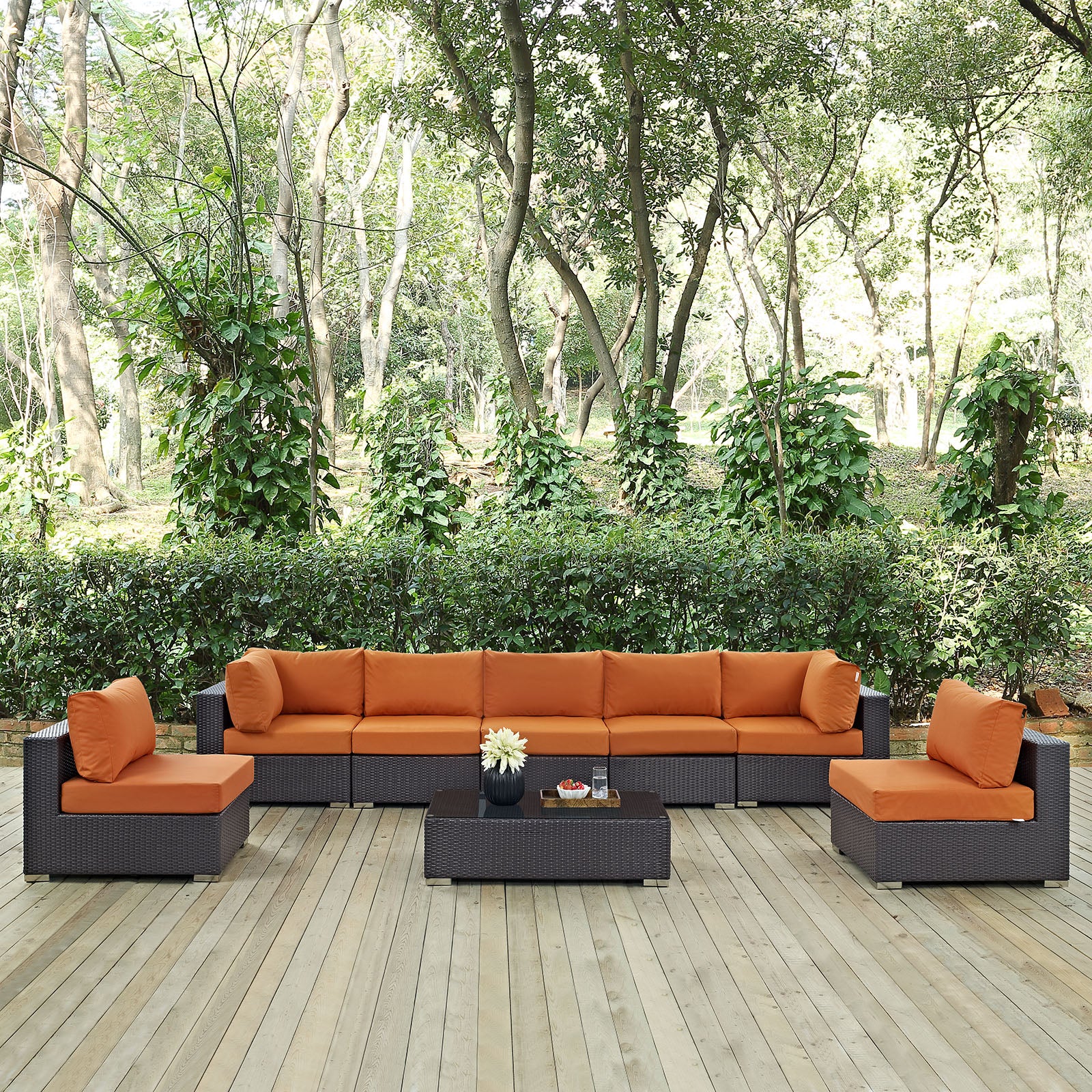 Modway Outdoor Conversation Sets - Convene 8 Piece Outdoor 64"D Patio Sectional Set Espresso Orange