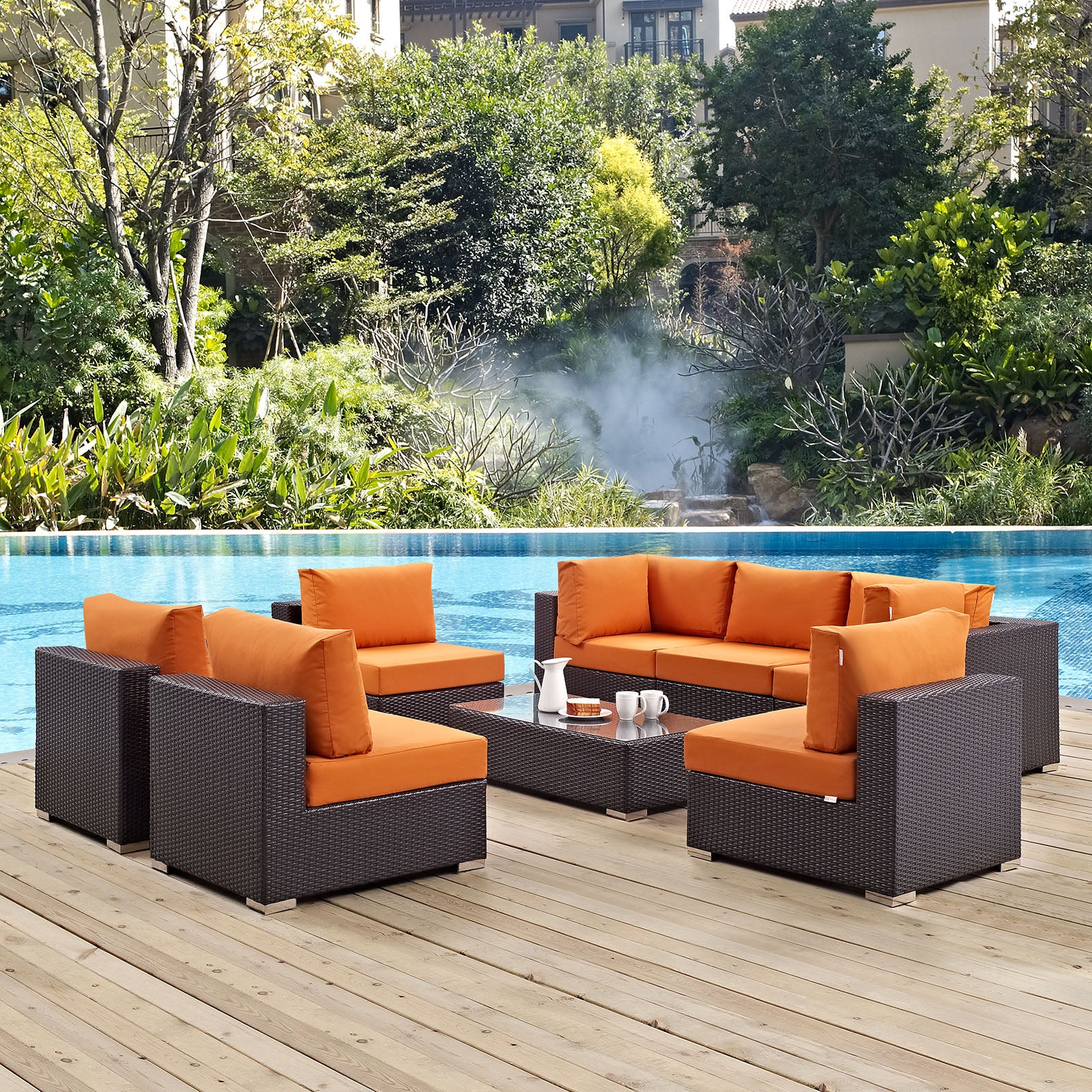 Modway Outdoor Conversation Sets - Convene 8 Piece Outdoor 64"D Patio Sectional Set Espresso Orange