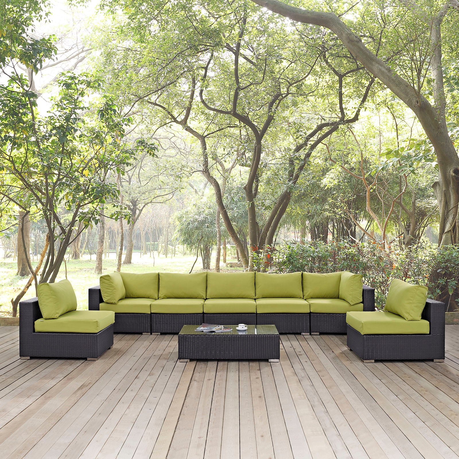Modway Outdoor Conversation Sets - Convene 8 Piece Outdoor 64"D Sectional Set Espresso Peridot