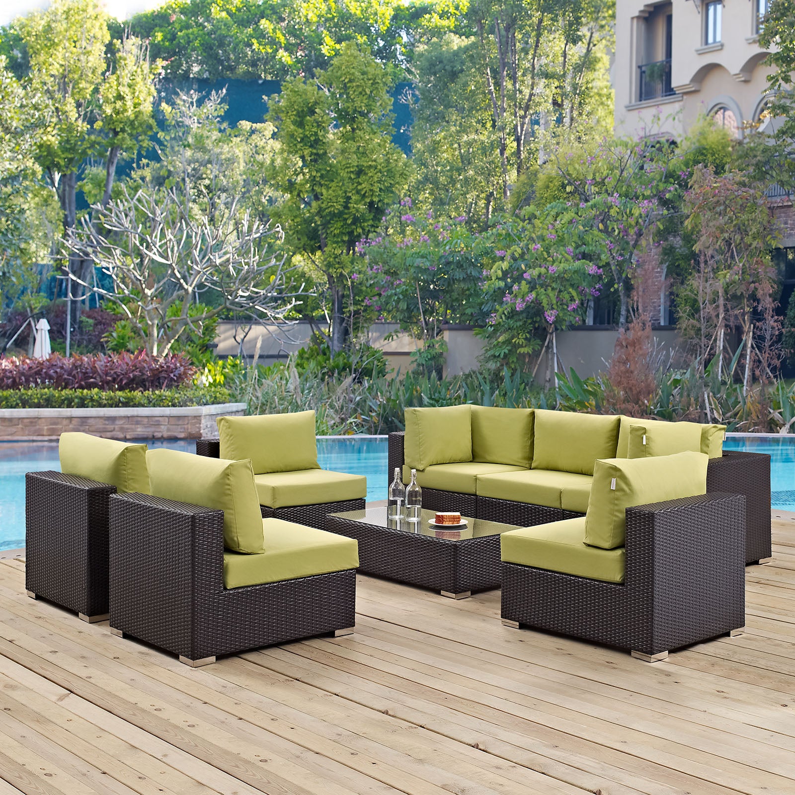 Modway Outdoor Conversation Sets - Convene 8 Piece Outdoor 64"D Sectional Set Espresso Peridot