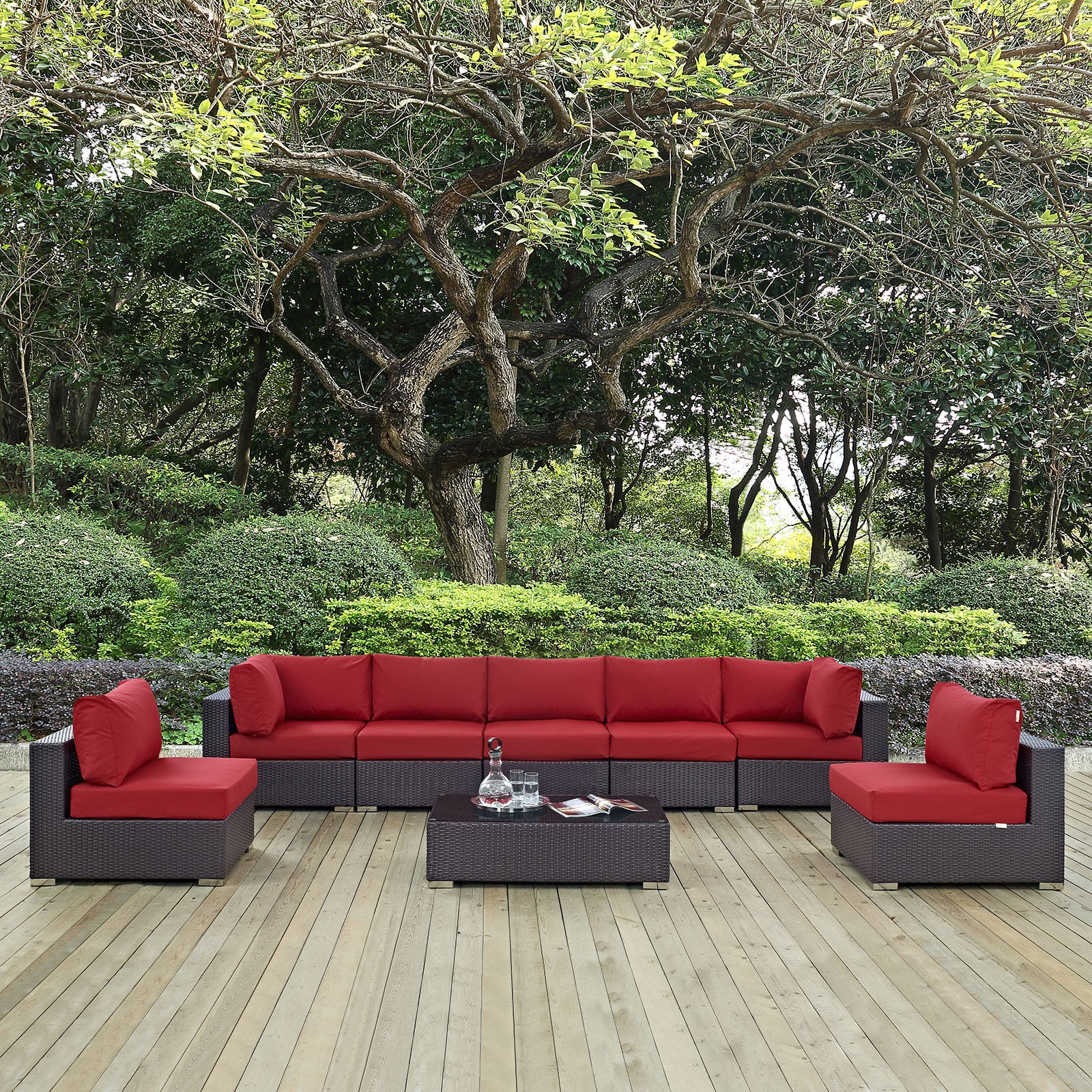 Modway Outdoor Conversation Sets - Convene 8 Piece Outdoor 64"D Patio Sectional Set Espresso Red