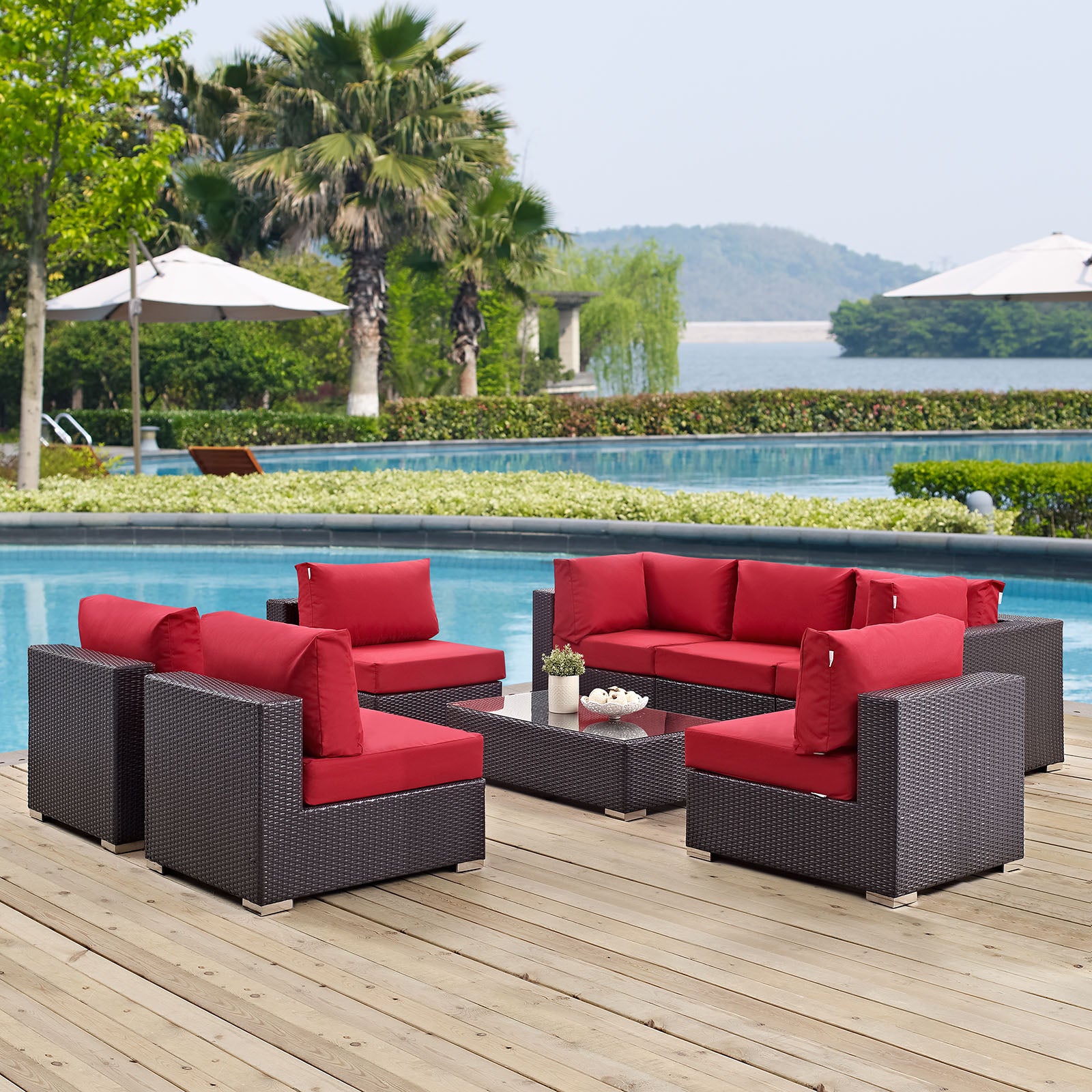Modway Outdoor Conversation Sets - Convene 8 Piece Outdoor 64"D Patio Sectional Set Espresso Red