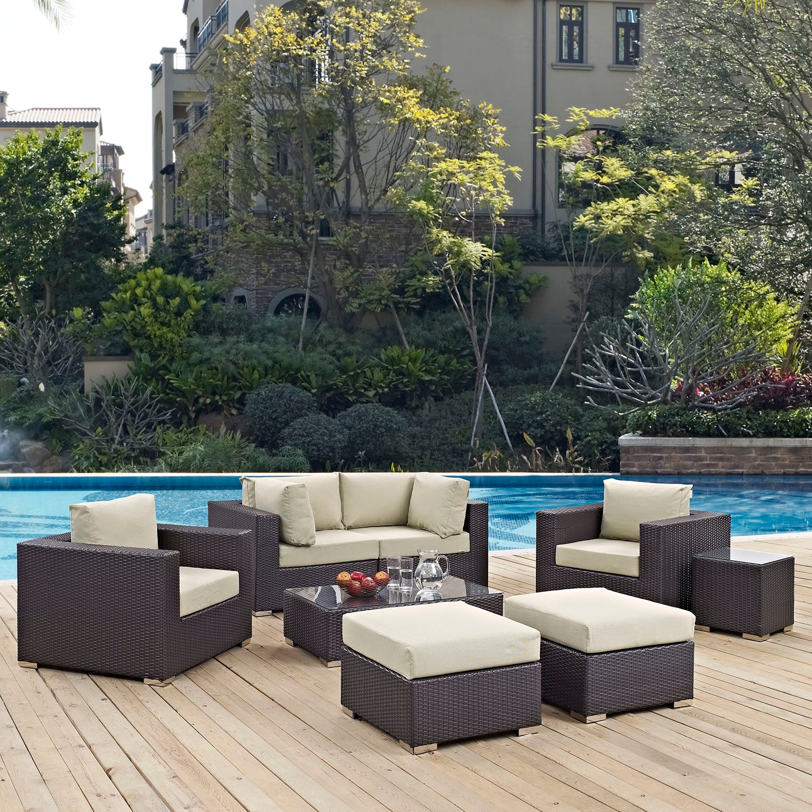 Modway Outdoor Conversation Sets - Convene 8 Piece Outdoor 163.5"W Patio Sectional Set Espresso Beige
