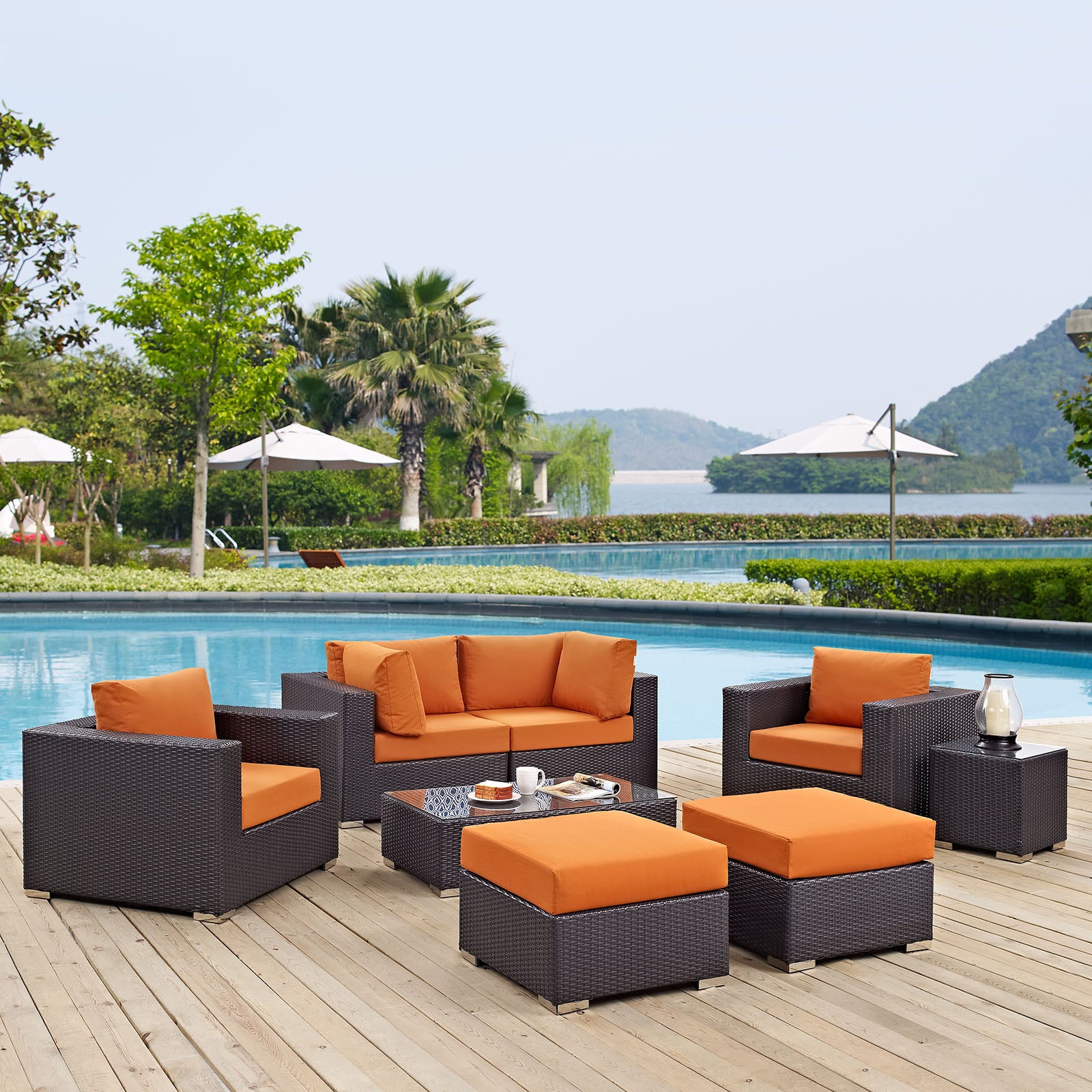 Modway Outdoor Conversation Sets - Convene 8 Piece Outdoor 163.5"W Patio Sectional Set Espresso Orange