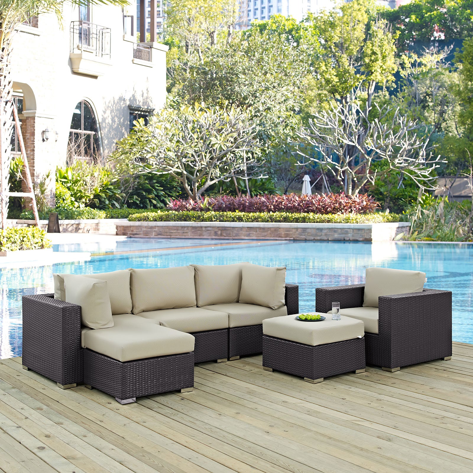 Modway Outdoor Conversation Sets - Convene 6 Piece Patio Sectional Set Espresso Beige