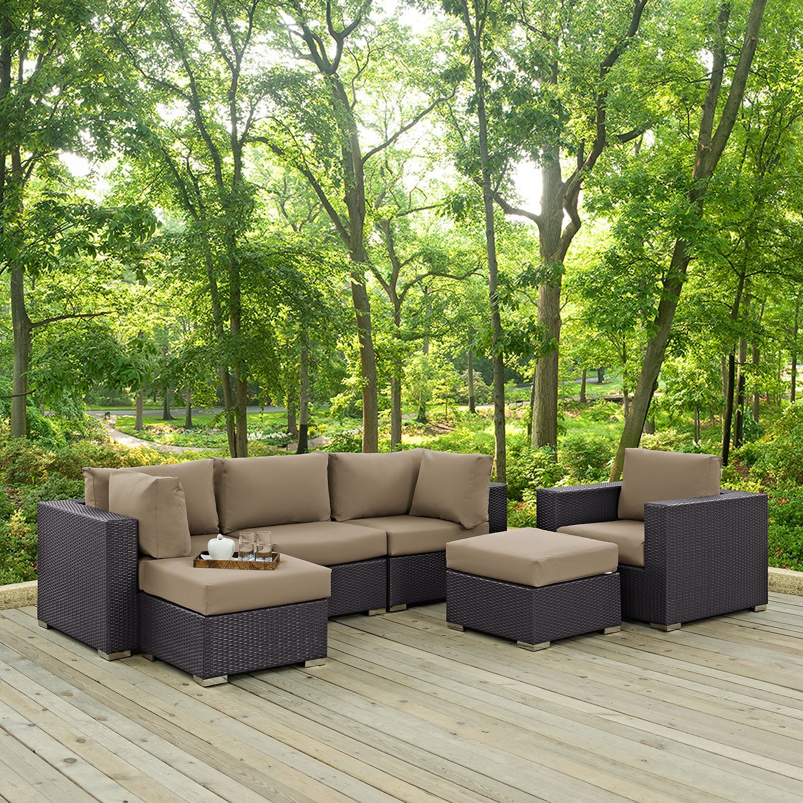 Modway Outdoor Conversation Sets - Convene 6 Piece Outdoor Patio 121 " W Sectional Set Espresso Mocha